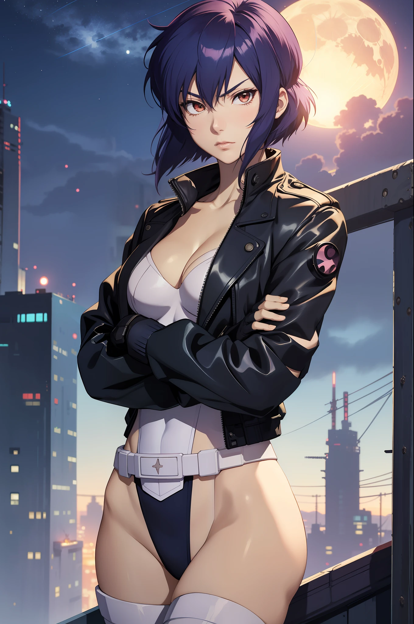 Motoko kusanagi, anime style beautiful woman, Slender, skinny, medium breasts, slim waist, (masterpiece, best quality:1.2), cowboy shot, solo, 1girl, expressionless, closed mouth, looking at viewer, crossed arms, jacket, leotard, thighhighs, gloves, cleavage, night, moon, goggles, highest quality, high resolution.