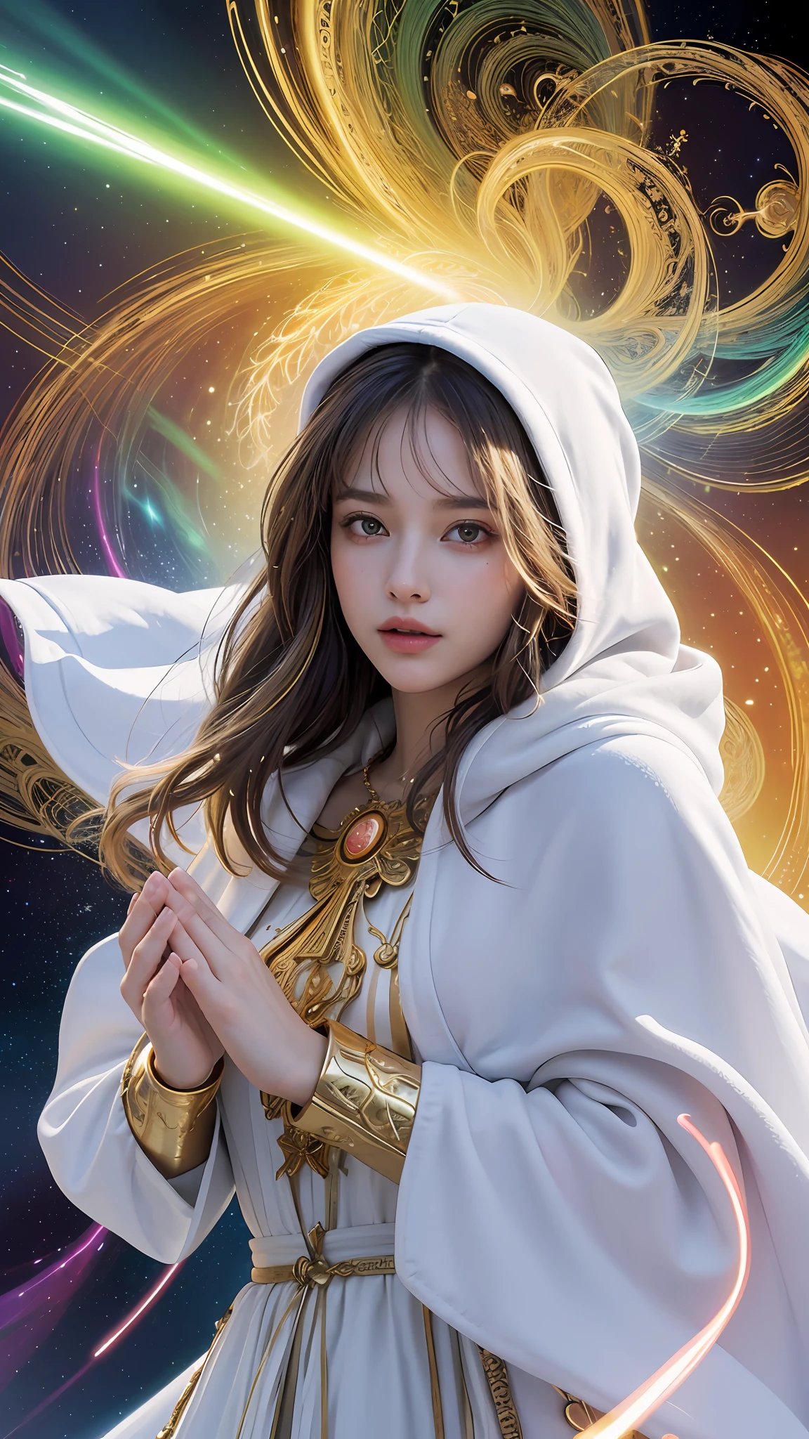 (masterpiece, top quality, best quality, official art, beautiful and aesthetic:1.2), (1girl), extreme detailed, (fractal art:1.3), colorful, highest detailed, perfect face, upper body, HDR, (praying:1.3), (white cloak golden lines:1.2), galaxy, (light streaks), striking visuals, (dynamic streaks, luminous trails:1.2), vibrant colors,