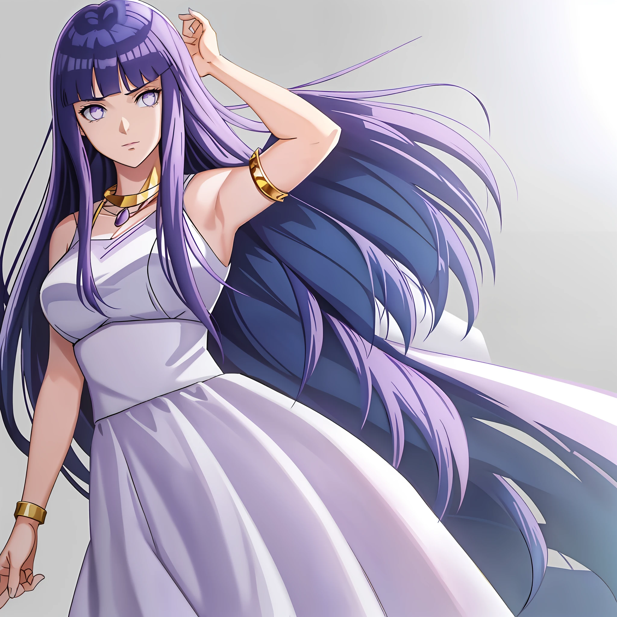1 girl, solo, Kido_Saori, big_breasts, (((dark blue hair))), purple_eyes, staff, ((white_dress)), armlet, jewelry, blunt bangs, hinata/(boruto/),  necklace, (sleeveless dress, white dress) upper body, serious, staff, jewelry athena (saint seiya) saori kido_saori , white_dress, (simple background, white background)