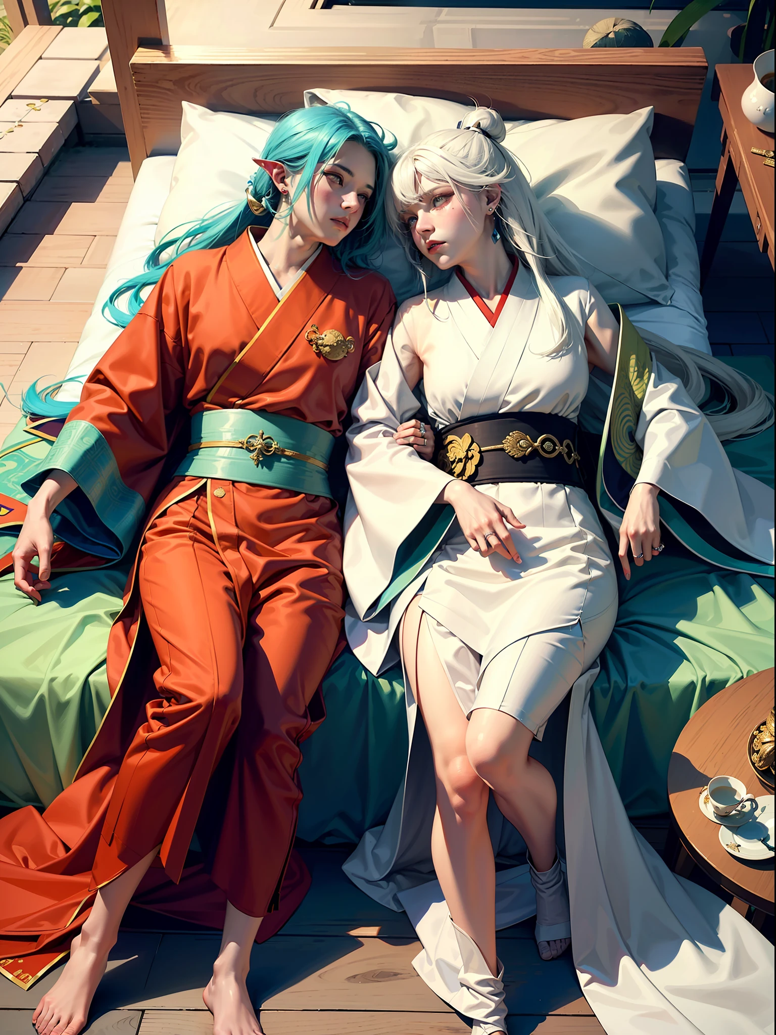 Concept Art, "1 Couple, Male Focus, Fin Ears, Multicolored Hair, Handsome Boy, Long White Hair, Tassels, Bangs, Carp, Colorful, Bold Colors, White Kimono, (Open) Kimono, Traditional Chinese Clothing, Close-up, Intimate Interaction in Bed, Stud Earrings, Rings, Sweat, Illuminate People", Colorful, Master Composition, Focus on Key Figures, Realism, Masterpiece, Award-Standing, Best Quality, Masterpiece, Ultra Detailed, 8K, Extremely Detailed CG Unity 8k wallpaper, complex, highly detailedrealistic