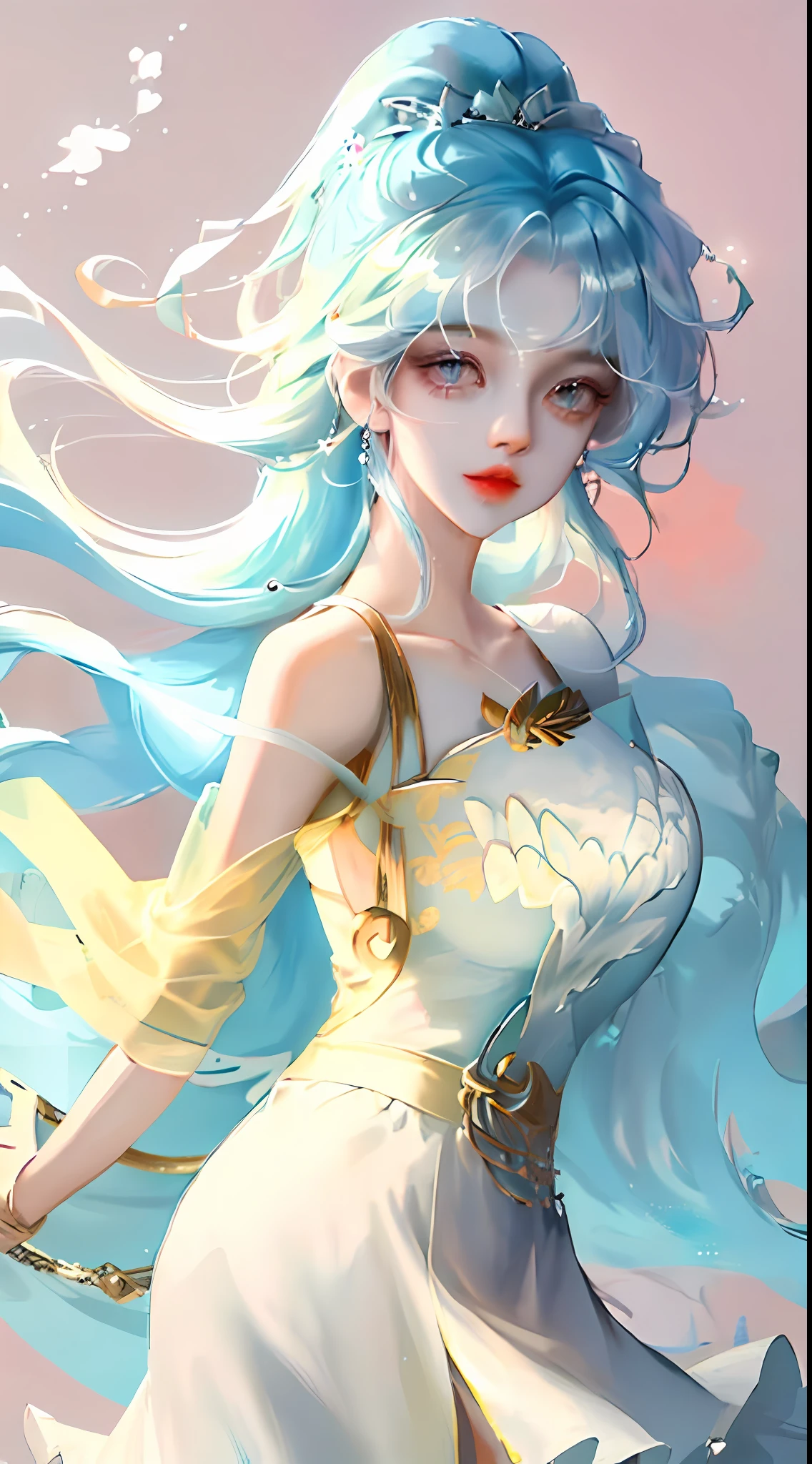 (masterpiece), (best quality), (ultra detailed),(disheed hair),(illustration), (1girl), (Fashionable clothing), standing, Fashion model, looking at viewer, (interview), (simple background), beautiful and delicate eyes, delicate beauty, floating, (high saturation), (colorful splash), colorful bubbles, (shine), focus on face, ponytail, Ayaka Kamisato, light blue hair, bangs, hair circle, floating flowers, flowing hair, (shiny), best lighting, best shadow, full body, vista