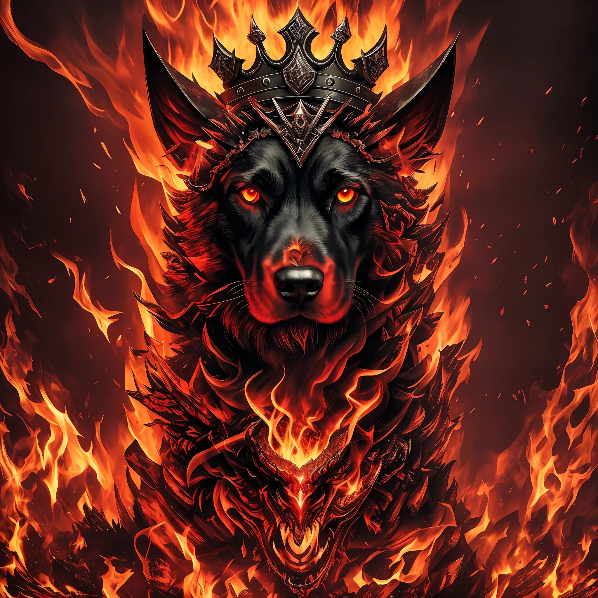 a vicious-looking dog with glowing red eyes and sharp fangs, sitting on a throne made of bones in the fiery depths of hell. The dog wears a crown made of human skulls, symbolizing its dominance over the souls trapped in the underworld. The background is a chaotic and infernal landscape, with flames, smoke, and tortured souls writhing in agony. The overall color palette is dark and intense, with shades of red, orange, and black dominating the image. The level of detail is impressive, with intricate textures and shadows that create a sense of depth and realism. The image is both captivating and unsettling, with a powerful visual impact --auto --s2