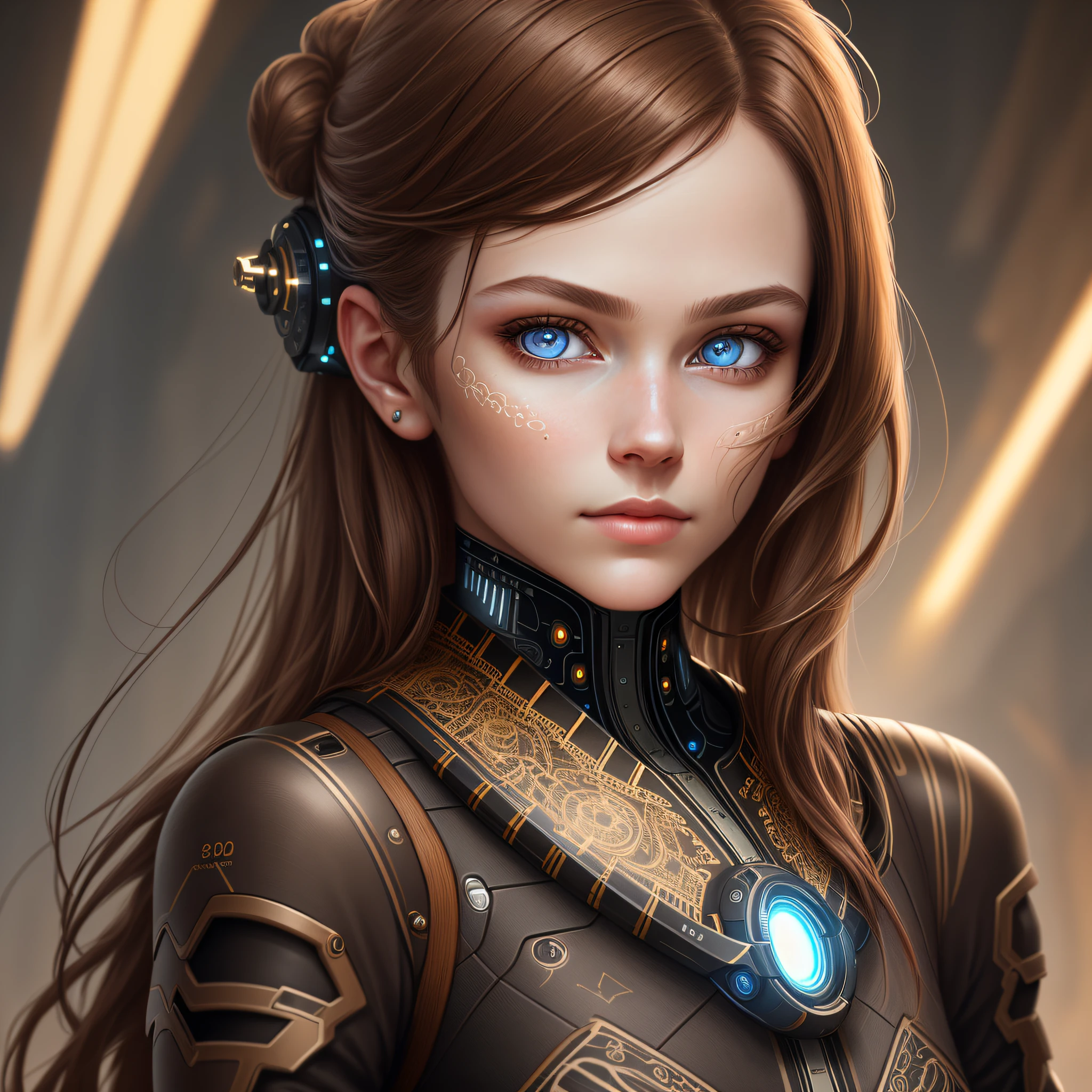 Portrait of a beautiful cyborg with 8k brown hair, intricate, elegant, detailed, majestic, digital photography, surrealist painting, (masterpiece, side light, delicate and beautiful eyes)