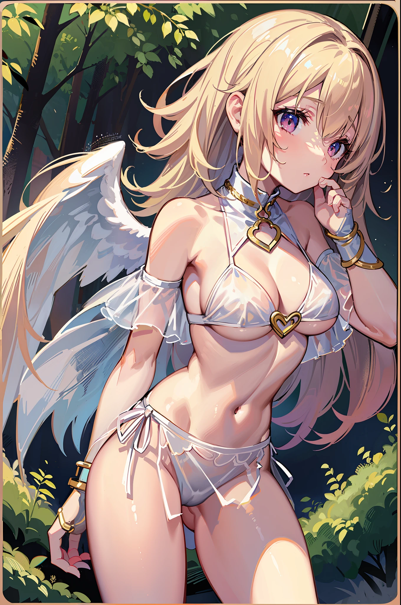 (MASTERPIECE), (Best Quality), (Ultra Detail), (Best Anatomy), Official Art, One Girl, Lori with Light Colored Hair, Petite Little Girl, Angel Girl, See-Through Angel Costume, Small Breasts, Cleavage, Off Shoulder, Underboob, Side Boob, Thigh Focus, Navel, Low Angle, Hands Behind Body, Chest Stretching, Card Illustration, Deep forest springs