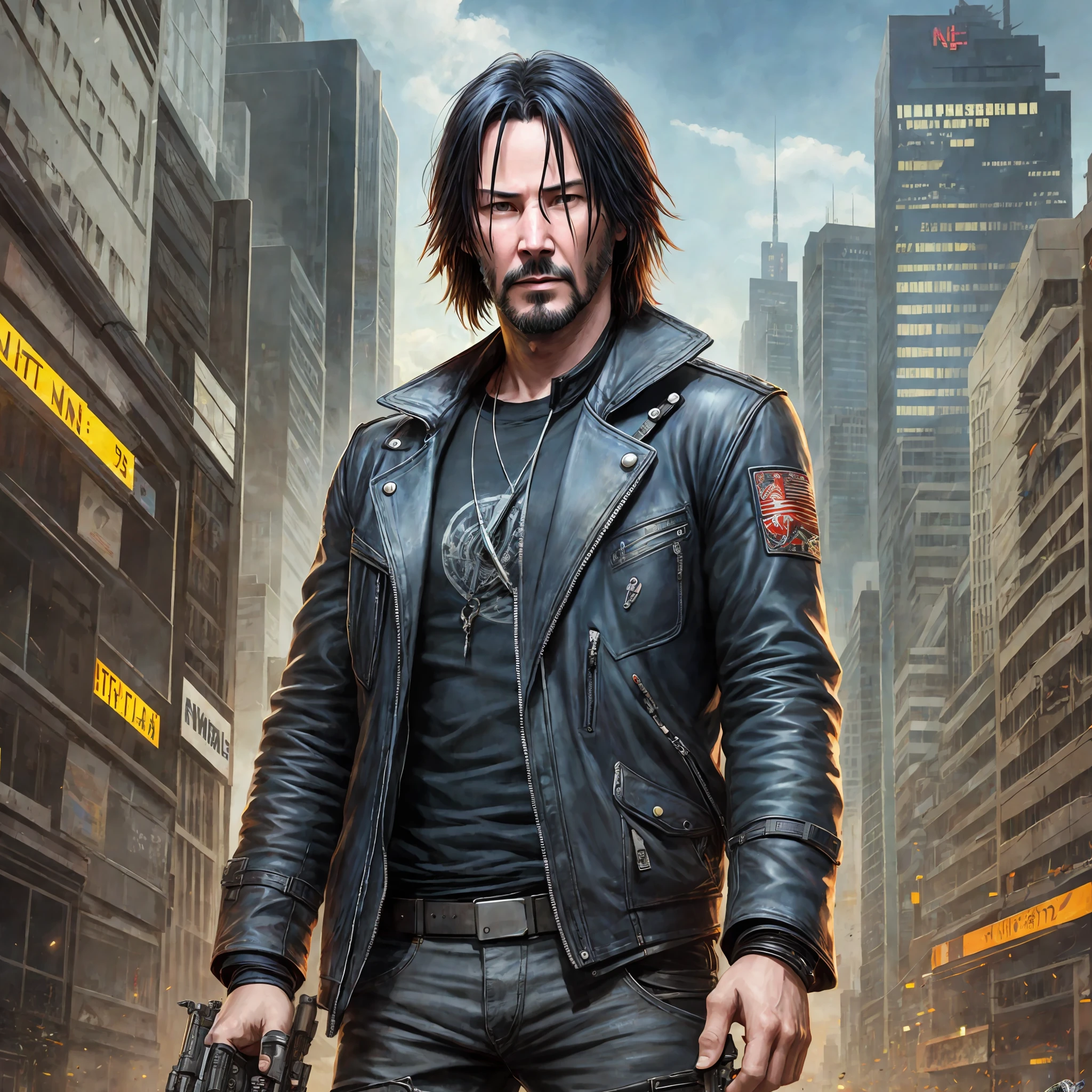 keanu reeves, apocalypse clothes, cyberpunk style, smoking cigarrette, scifi gear, pulp warrior, by john la Gatta, post-apocalyptic urban fantasy art --auto --s2