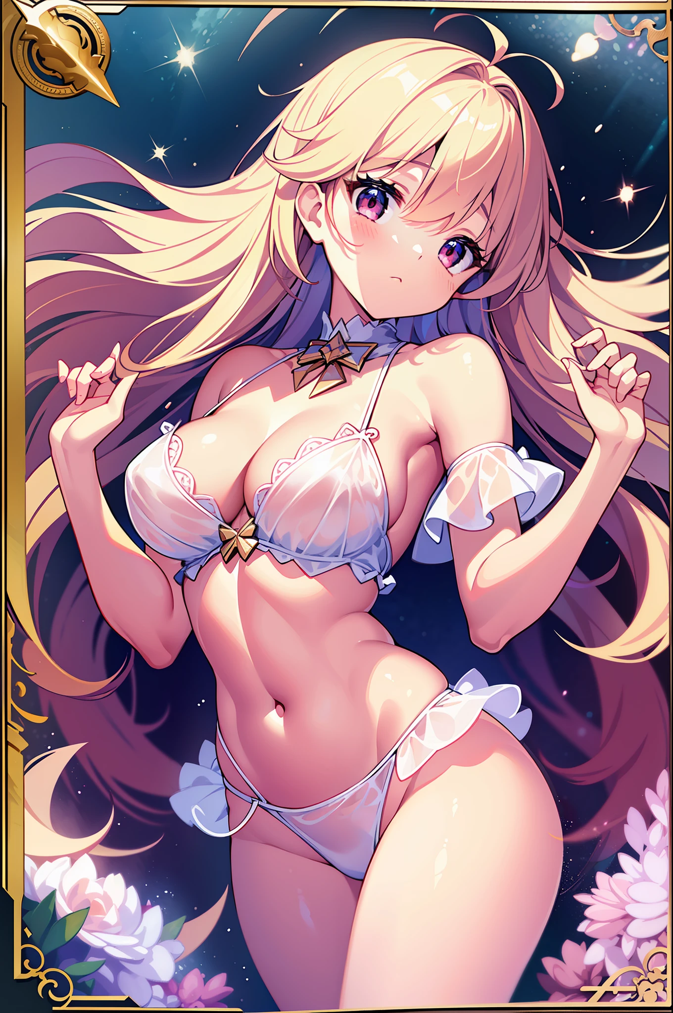 (MASTERPIECE), (Best Quality), (Ultra Detail), (Best Anatomy), Official Art, One Girl, Lori with Light Colored Hair, Petite , Angel Girl, See-Through Angel Costume, Small Breasts, Cleavage, Off Shoulder, Underboob, Side Boob, Thigh Focus, Navel, Low Angle, Hands Behind Body, Chest Stretching, Card Illustration, Deep forest springs