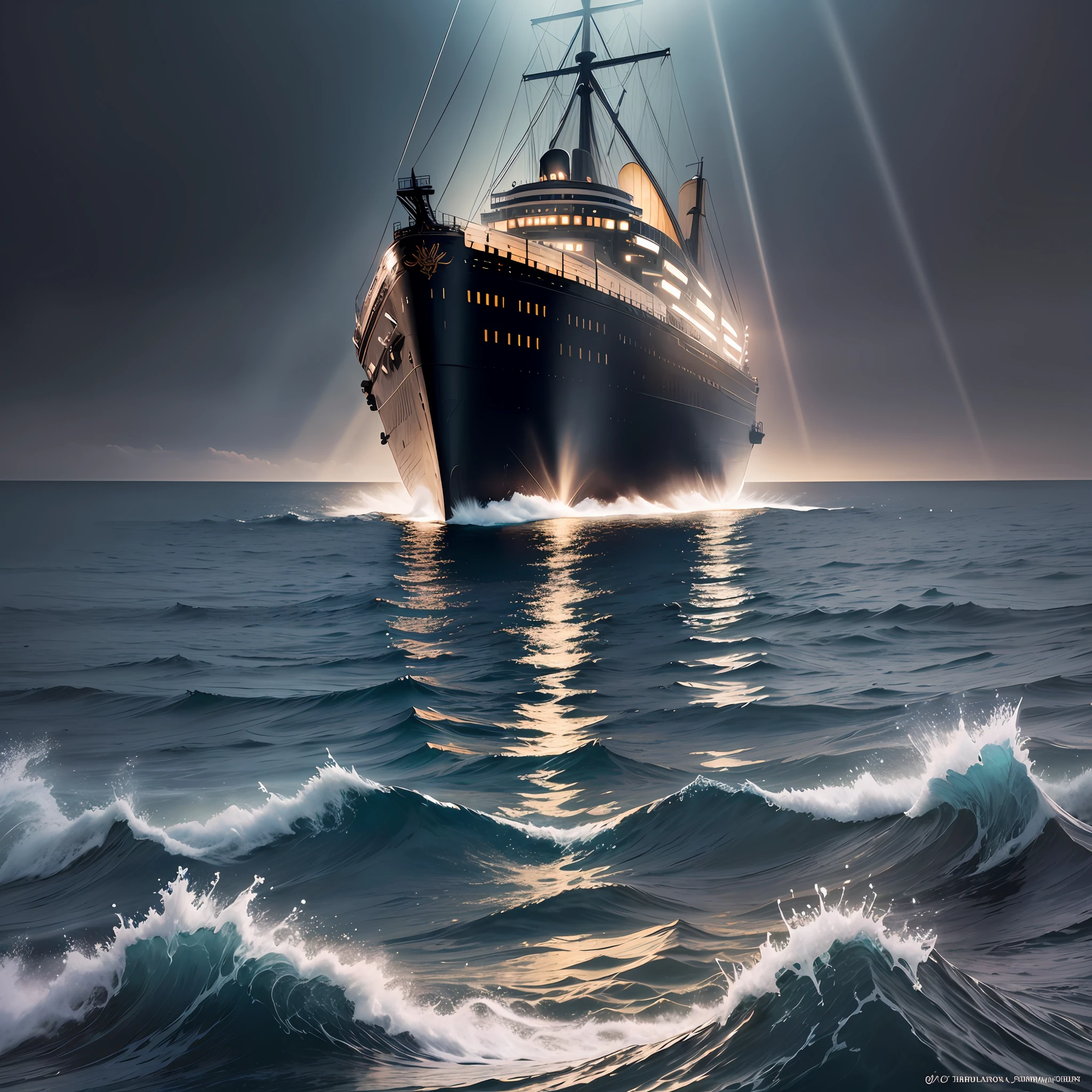 An image of a vast expanse of ocean, with rays of light penetrating through the dark waters. In the background, one glimpses the imposing silhouette of the Titanic on the seabed. The image is composed to convey a sense of serenity and reverence. In the foreground, there is a symbolic element, such as a wreath floating gently on the surface, representing tribute to the victims and respect for their memory. The composition evokes emotions of admiration, humility and reflection on the tragedy that occurred. --auto --s2