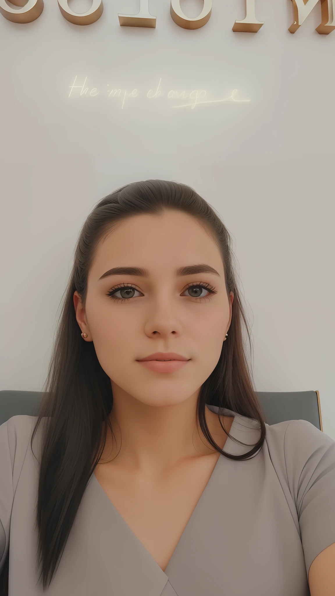 there is a woman sitting in a chair with a sign behind her, frontal picture, full face close up portrait, she is facing the camera, full - face close - up portrait, detailed unblurred face, soft portrait shot 8 k, clean perfect symmetrical face, portrait shot 8 k, 8k selfie photograph, full face portrait, real detailed face