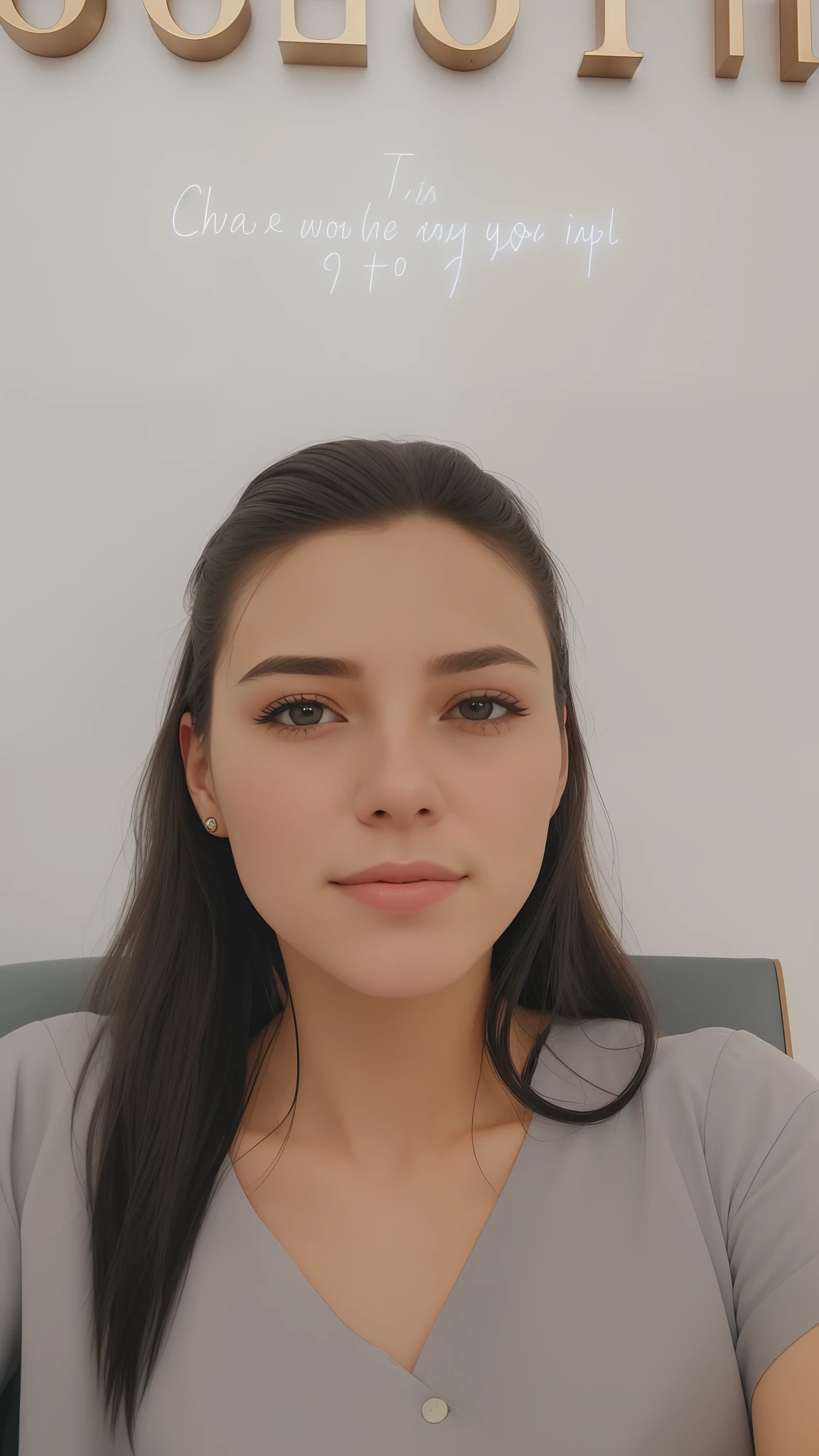 there is a woman sitting in a chair with a sign behind her, frontal picture, full face close up portrait, she is facing the camera, full - face close - up portrait, detailed unblurred face, soft portrait shot 8 k, clean perfect symmetrical face, portrait shot 8 k, 8k selfie photograph, full face portrait, real detailed face