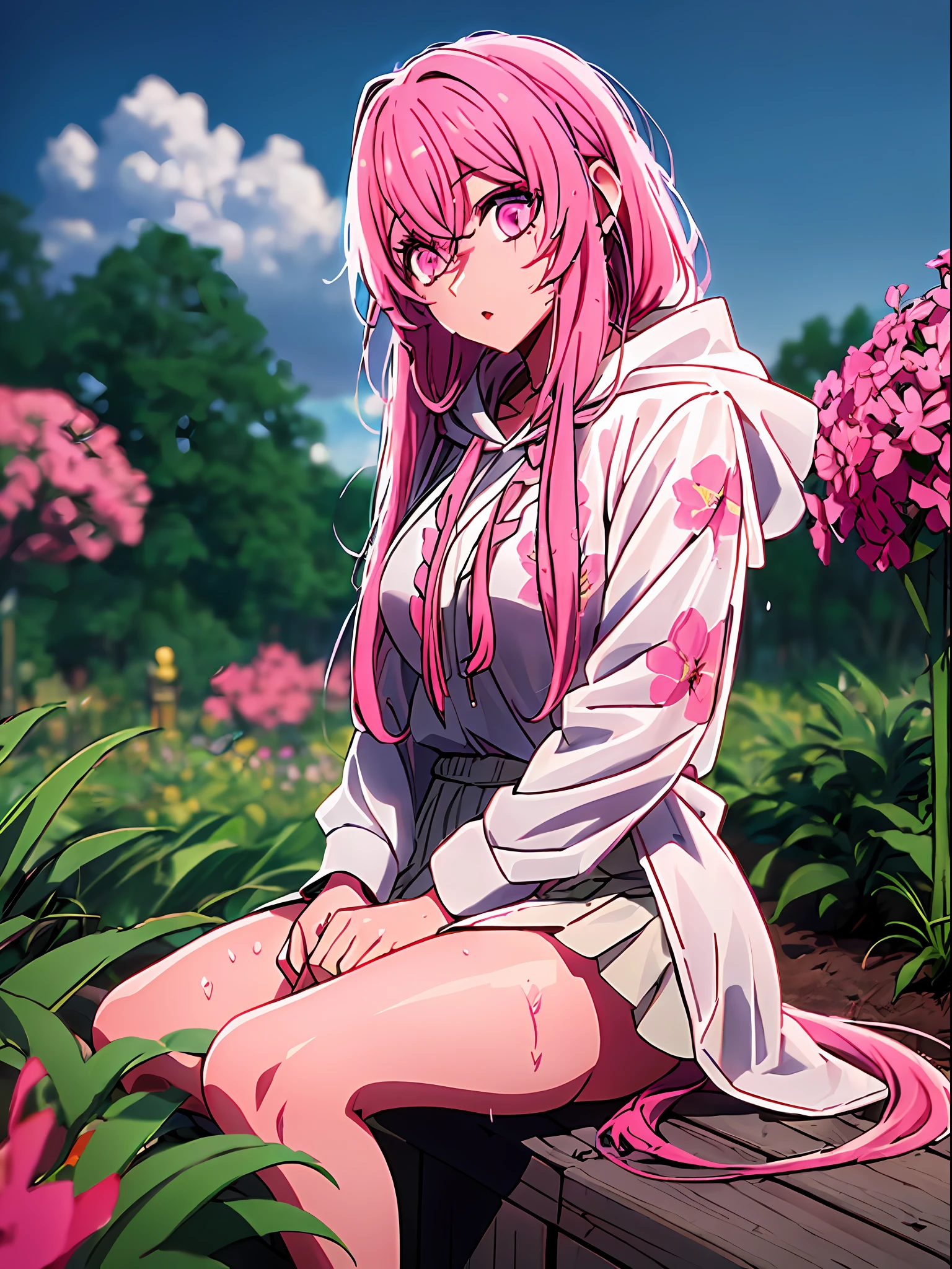 Nankotobuki \ (Shinobi no ko \), hoodie, realistic, 3D, wet, open clothes, flower garden, one girl with long pink hair sitting in a field of plants and flowers, white blouse, pink miniskirt,