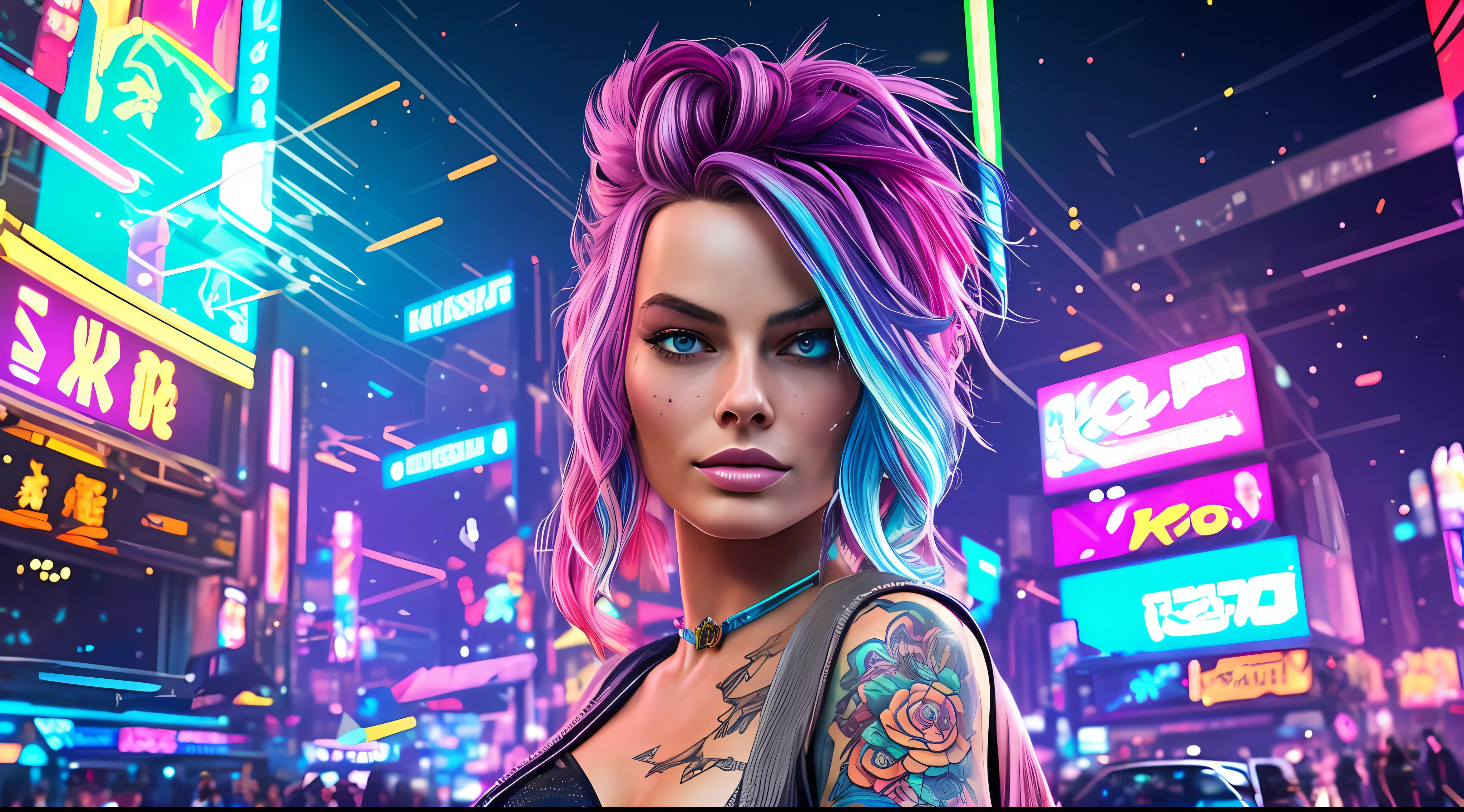 Gorgeous Margot Robbie with colorful hair and tattoos standing in front of a blue background, vibrant cyberpunk colors, cyberpunk art style, cyberpunk style color, colorful cyberpunk colors, dreamy cyberpunk colors, cyberpunk theme art, vibrant rossdraw cartoon, cyberpunk art, cyberpunk girl, dreamy cyberpunk girl, cyberpunk 2077 rossdraws, cyberpunk beautiful girl, futuristic but colorful shading, cyberpunk style, perfect anatomy, hands with 4 fingers and 1 thumb, rendered in 8K resolution for high quality detail, 8K image quality, 8K high resolution image, hyper detailed, super realistic, intricate details