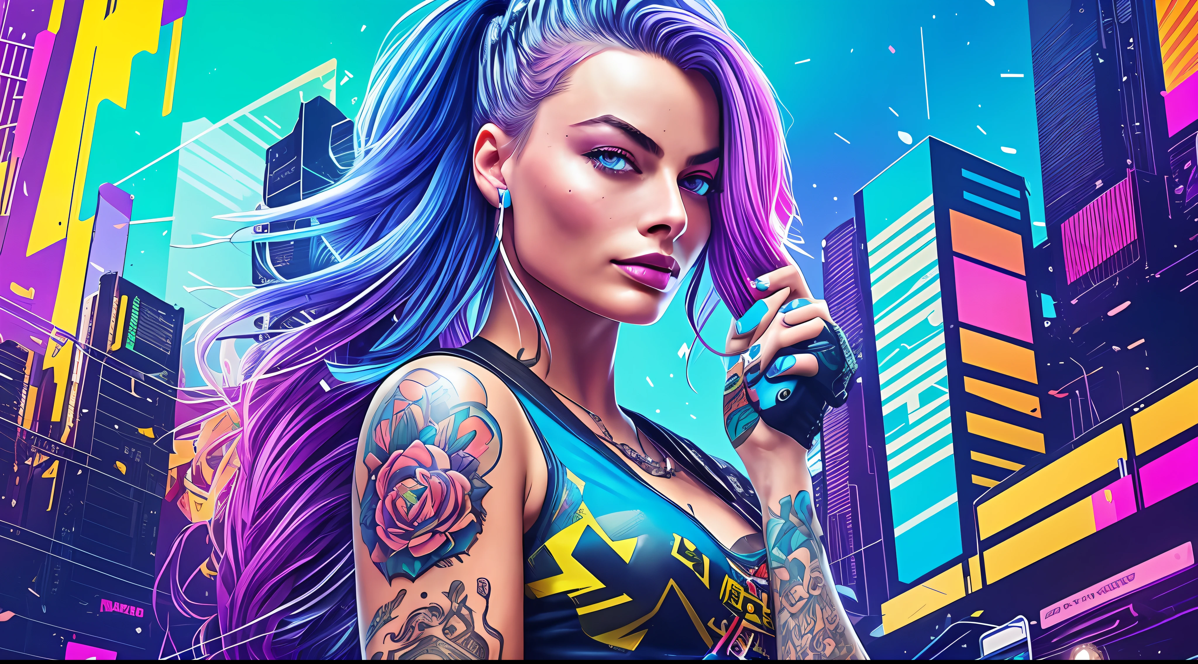 Gorgeous Margot Robbie with colorful hair and tattoos standing in front of a blue background, vibrant cyberpunk colors, cyberpunk art style, cyberpunk style color, colorful cyberpunk colors, dreamy cyberpunk colors, cyberpunk theme art, vibrant rossdraw cartoon, cyberpunk art, cyberpunk girl, dreamy cyberpunk girl, cyberpunk 2077 rossdraws, cyberpunk beautiful girl, futuristic but colorful shading, cyberpunk style, perfect anatomy, hands with 4 fingers and 1 thumb, rendered in 8K resolution for high quality detail, 8K image quality, 8K high resolution image, hyper detailed, super realistic, intricate details
