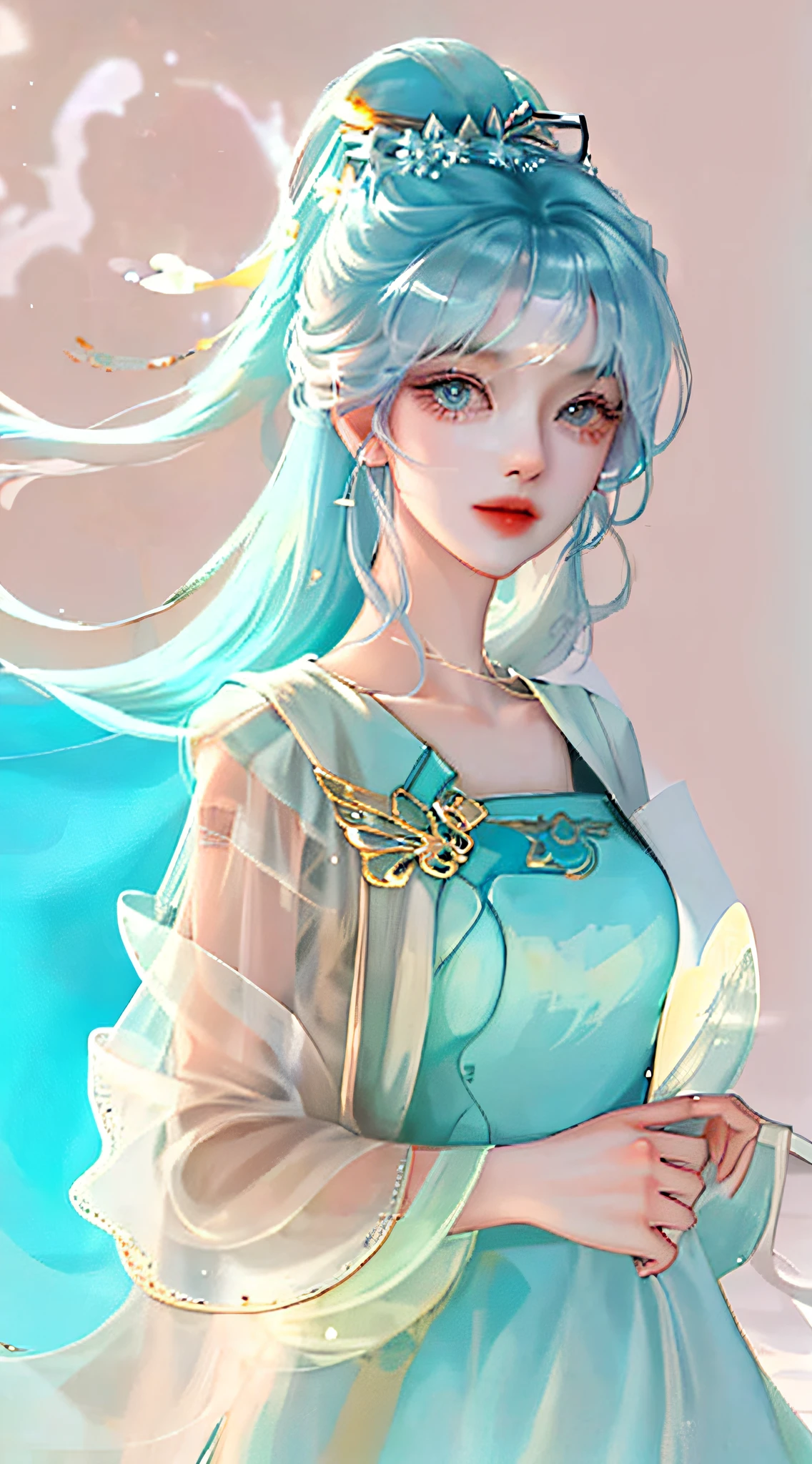 (masterpiece), (best quality), (ultra detailed),(disheed hair),(illustration), (1girl), (Fashionable clothing), standing, Fashion model, looking at viewer, (interview), (simple background), beautiful and delicate eyes, delicate beauty, floating, (high saturation), (colorful splash), colorful bubbles, (shine), focus on face, ponytail, Ayaka Kamisato, light blue hair, bangs, hair circle, floating flowers, flowing hair, (shiny), best lighting, best shadow, full body, vista
