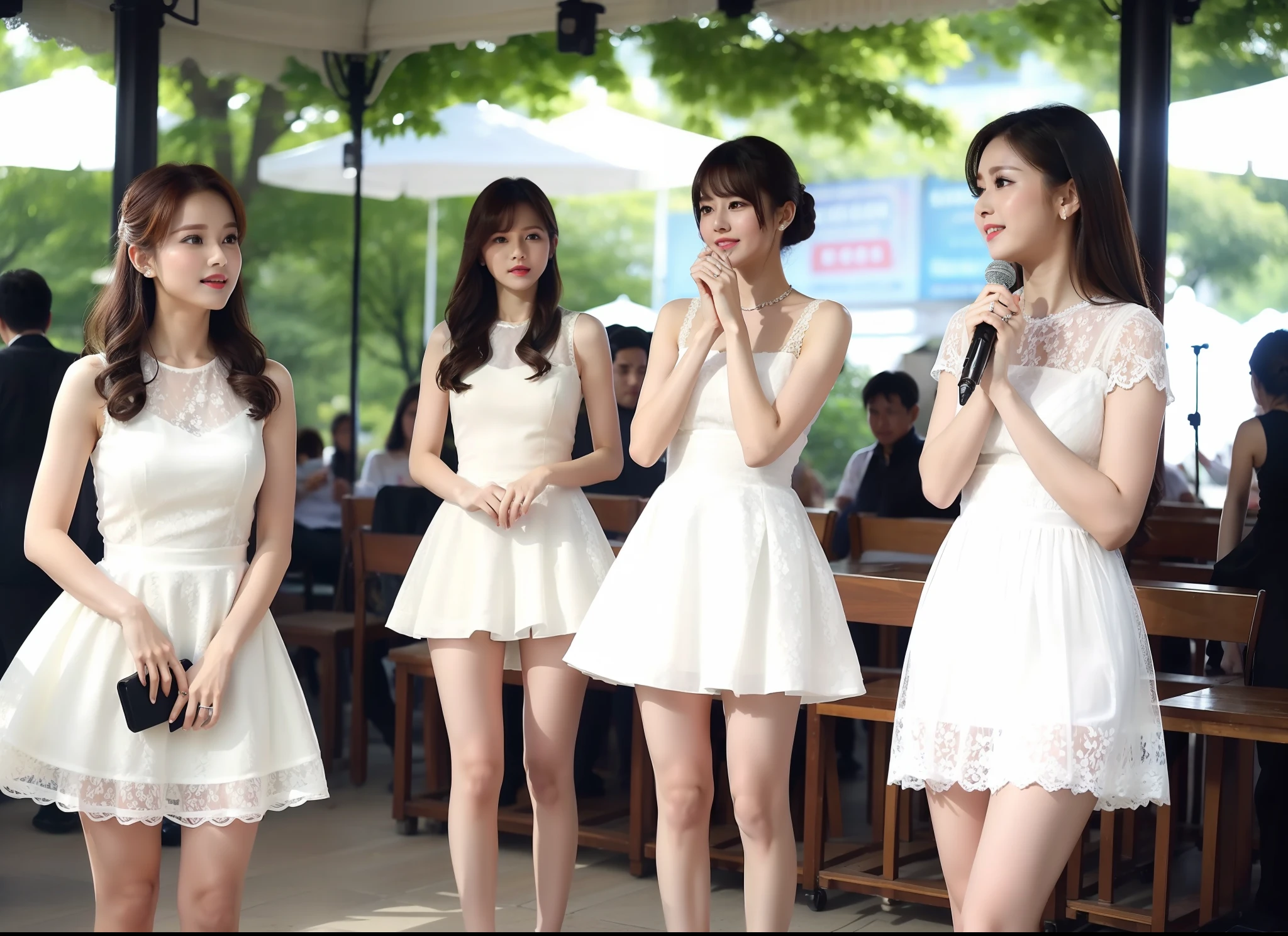 white lace dress, daytime bandstand, 4 beautiful girls, beautiful, cute, neat, neat, supposed, upper body, crowd