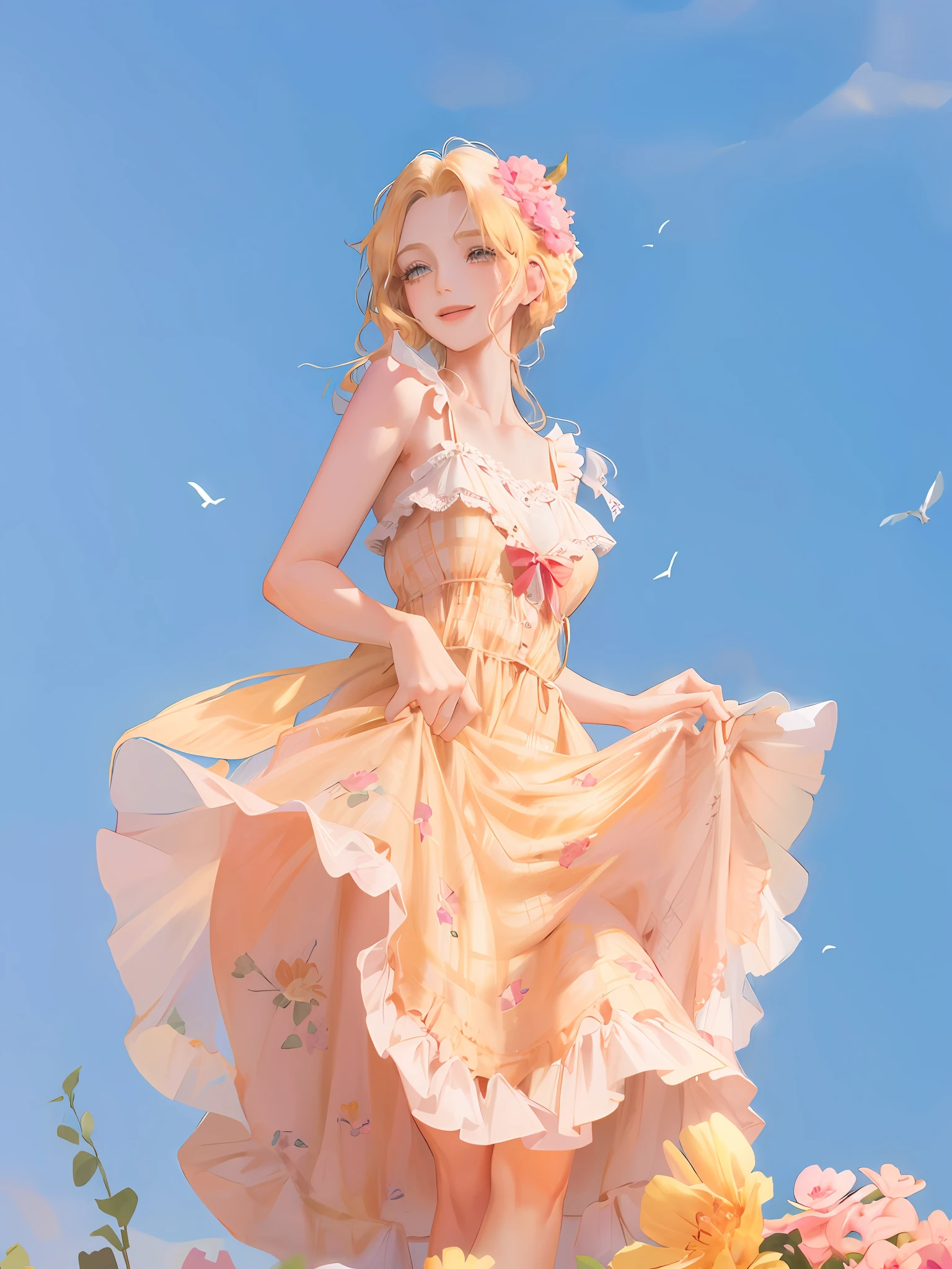 (highest resolution, distinct_image) best quality, feminine masterpiece, high detail, semi-realistic, (most of the body), blonde hair, smile, fluttering hair, fluttered hair, fluttered plaid slip dress, lace, blue sky, seagull