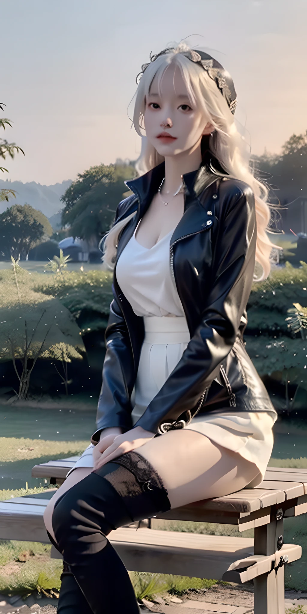 White hair, girly, wearing short skirt, black coat, over-the-knee boots, maple leaf, maple forest, evening, sitting on a bench, in the park, night, anatomically correct, textured skin, masterpiece, ccurate, high quality, high detail, super detail, best quality, high resolution, 16k, UHD, 1girl, mix4, black stockings,