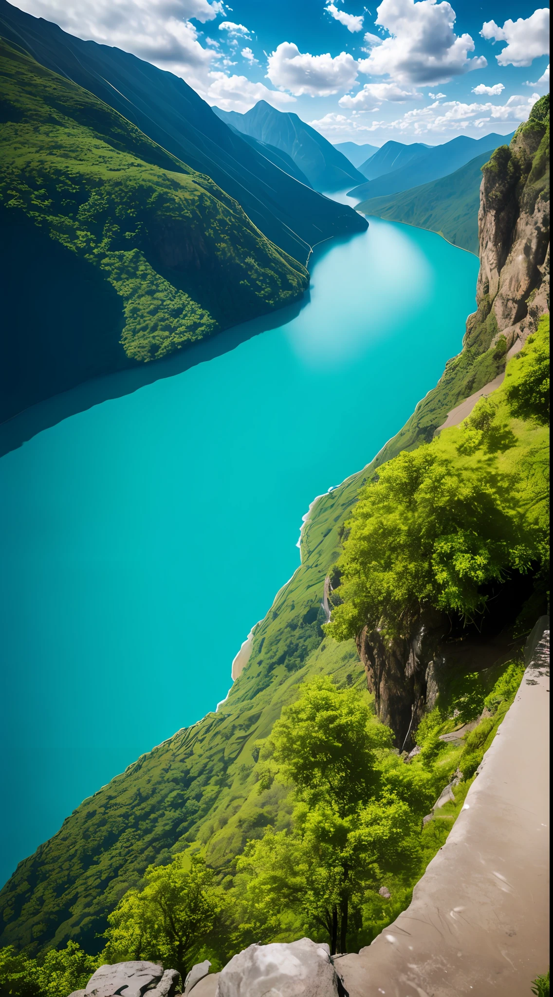 scenery, outdoor, sky, cloud, day, no humans, mountain, panorama, water, tree, blue sky, waterfall, cliff, nature, lake, river, cloudy sky