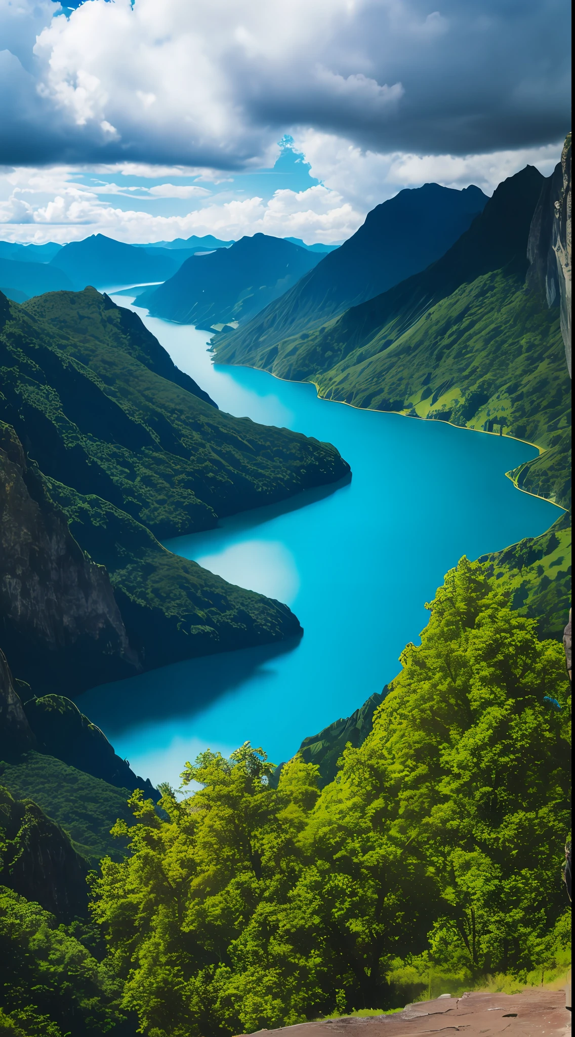 scenery, outdoor, sky, cloud, day, no humans, mountain, panorama, water, tree, blue sky, waterfall, cliff, nature, lake, river, cloudy sky