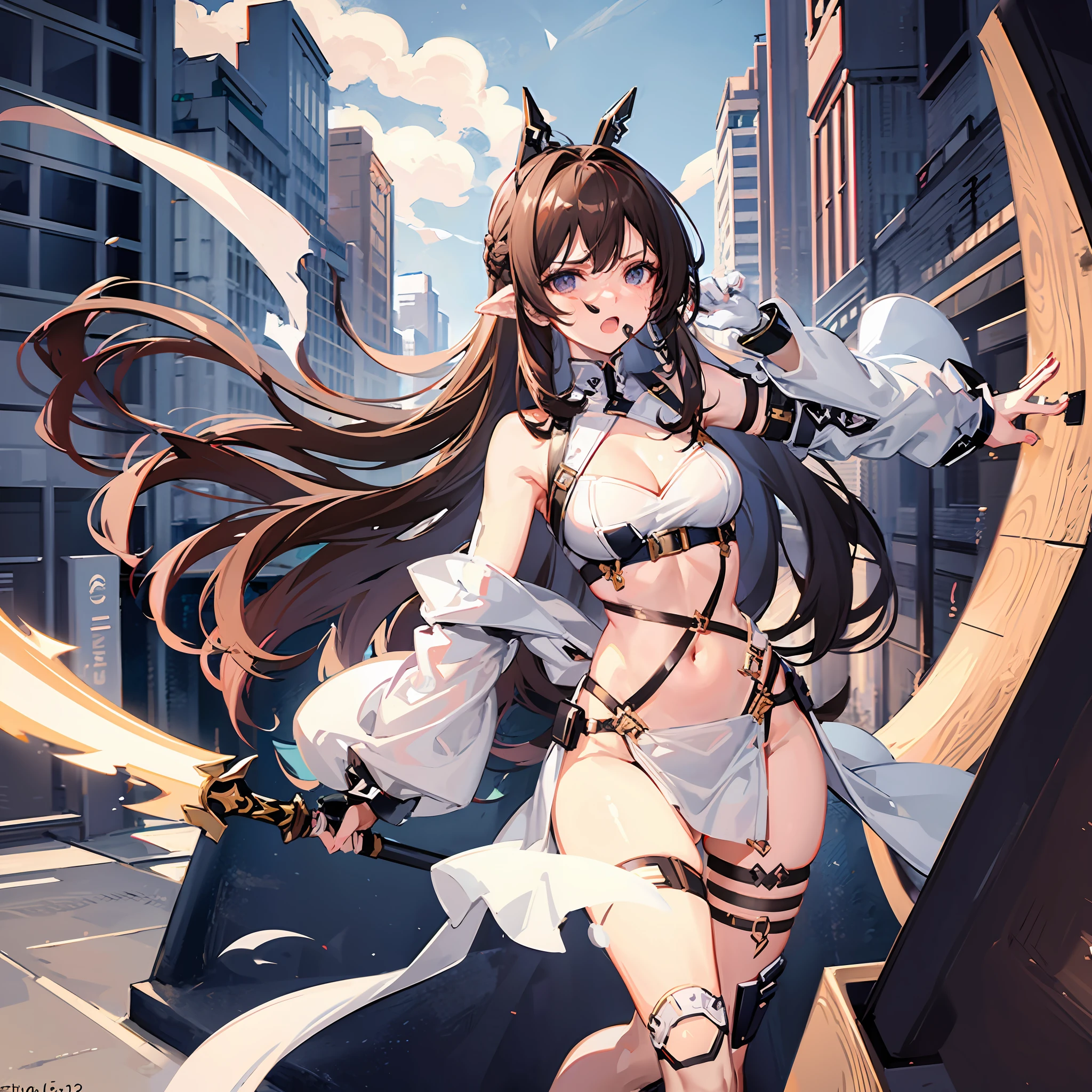 fantasy, 1angel_girl, teen, brown_hair, ponytail_hair, (dark_skin)+, bare_shoulder, navel, thigh,silver_shiny_armor, white_clothes,waist_armor, glebe, hold_swords, big_, angry, dynamic_fighting_pose, floating, (1pair_white_wings), sunrise_city_background,(pelvic_curtain)++, open_mouth, headgear, large_ass,public_indecency,
