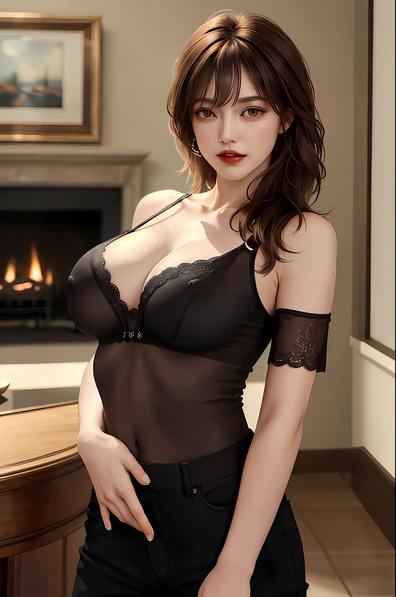 photo of a Girl, (((erectnipples))), Bangs, Bare Shoulders, Black Pants, Breasts, beautiful big breasts, Breasts squeezed together, detailed luxury living room background, Hair between the eyes, Huge breasts, Long hair, oval face, double eyelids, Parted lips, brown eyes, lace Shirt, Solo, light brown hair, (Shiny skin:0.8),(Masterpiece:1.4),(Best quality:1.4), Natural(medium breasts:1.25), ,Facigirl, Red lips, Perfect abs, (nipple: 1.5), (sheer areola), (sheer fabrics), sweat,