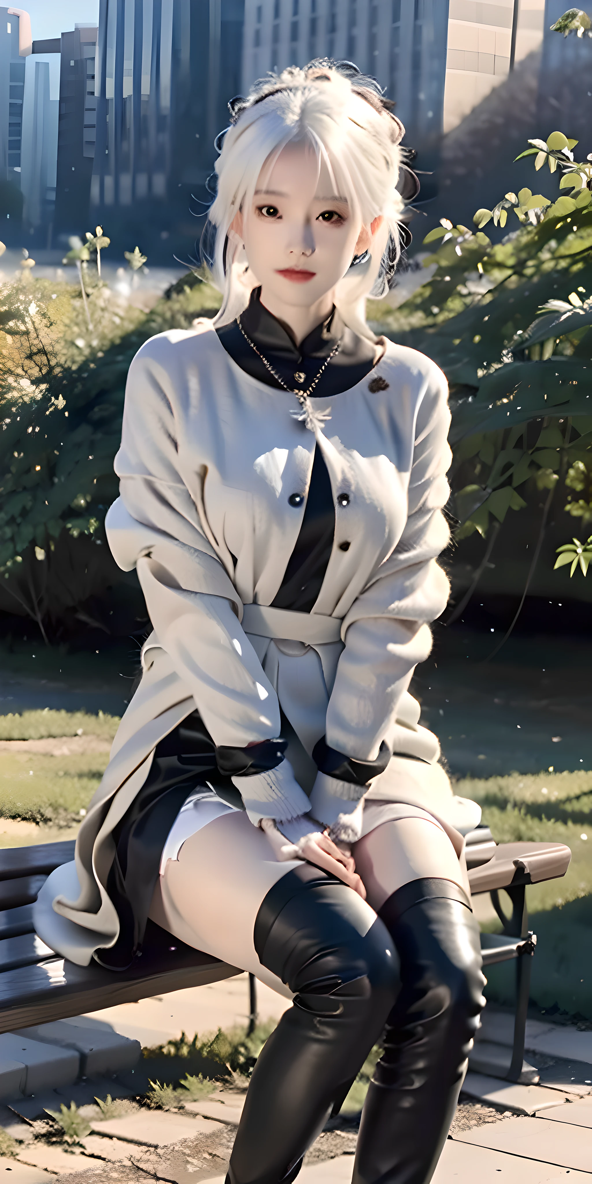 White hair, girly, wearing short skirt, black coat, over-the-knee boots, maple leaf, maple forest, evening, sitting on a bench, in the park, night, anatomically correct, textured skin, masterpiece, ccurate, high quality, high detail, super detail, best quality, high resolution, 16k, UHD, 1girl, mix4, black stockings,