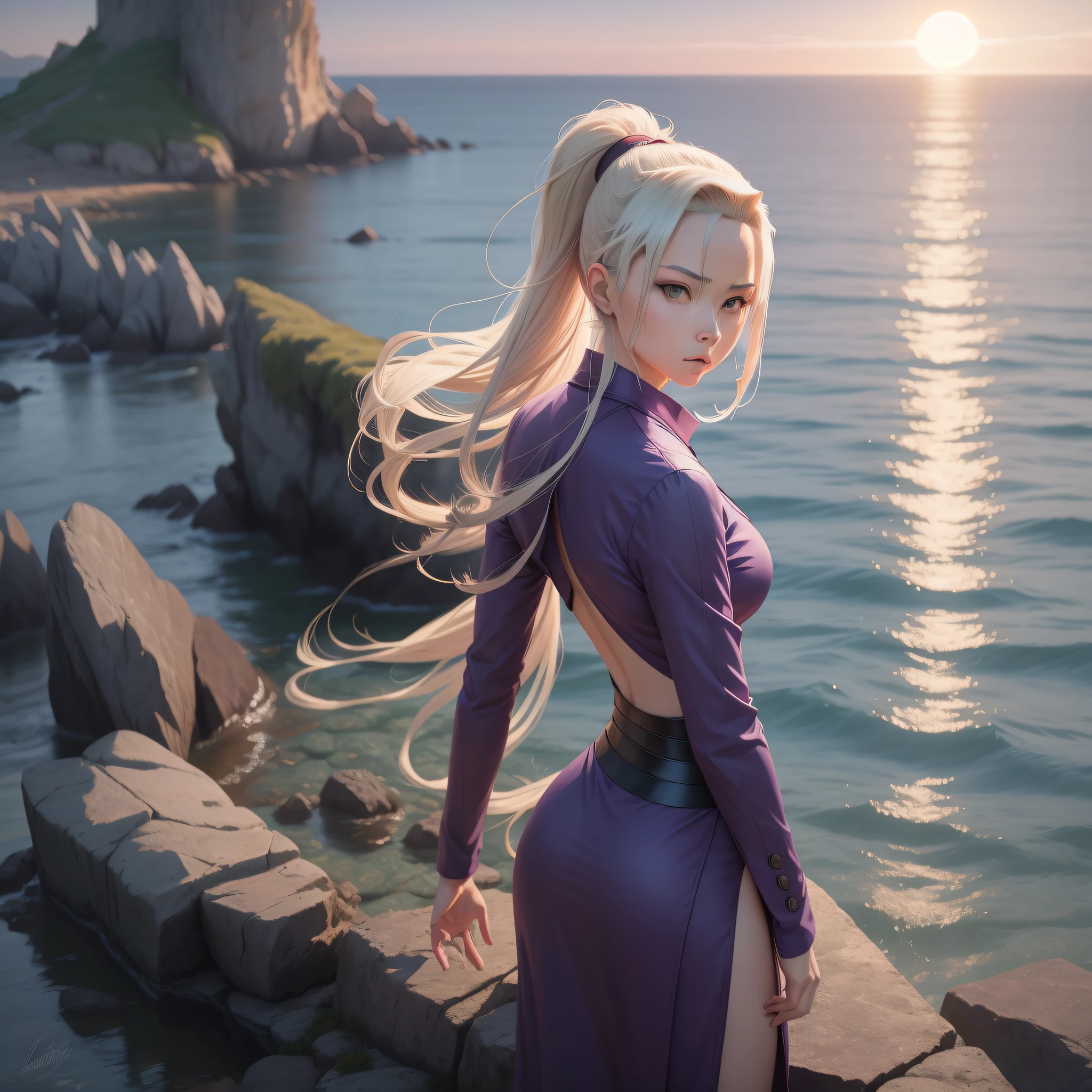 0.8)Yamanaka Ino, wearing a green headband and her signature purple outfit, stands on a rocky cliff overlooking a blue sea. The dynamic pose and flowing hair enhances her elegant and determined beauty. The scenic shot is set at sunset with warm hue and soft light, creating a dreamlike atmosphere. [:(pink flowers:0.9), seagulls, clouds, wind]:0.6