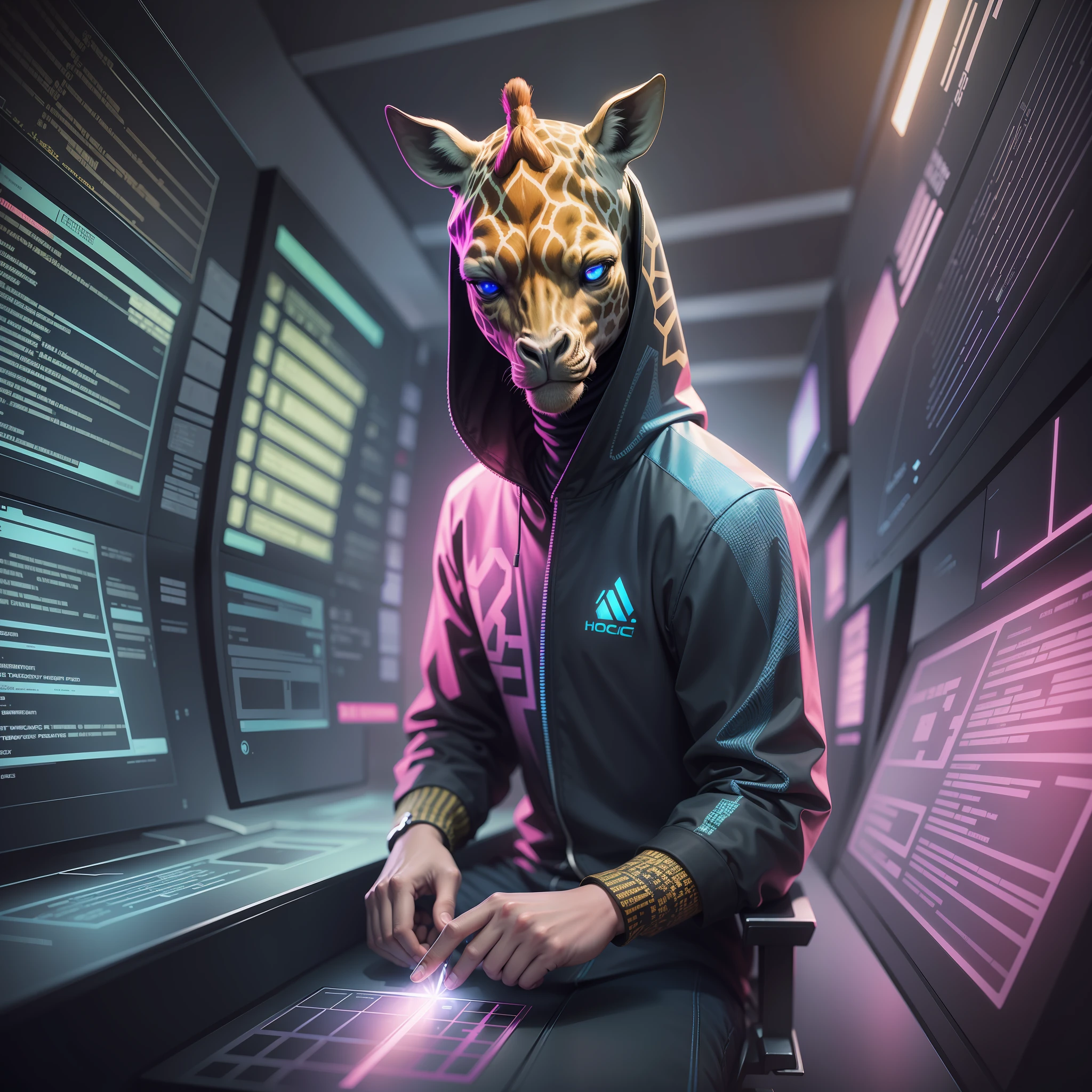 The hacker sits in front of a holographic display, tapping code, sci-fi, and the screen says "Project Mr. Giraffe", 4k, high quality