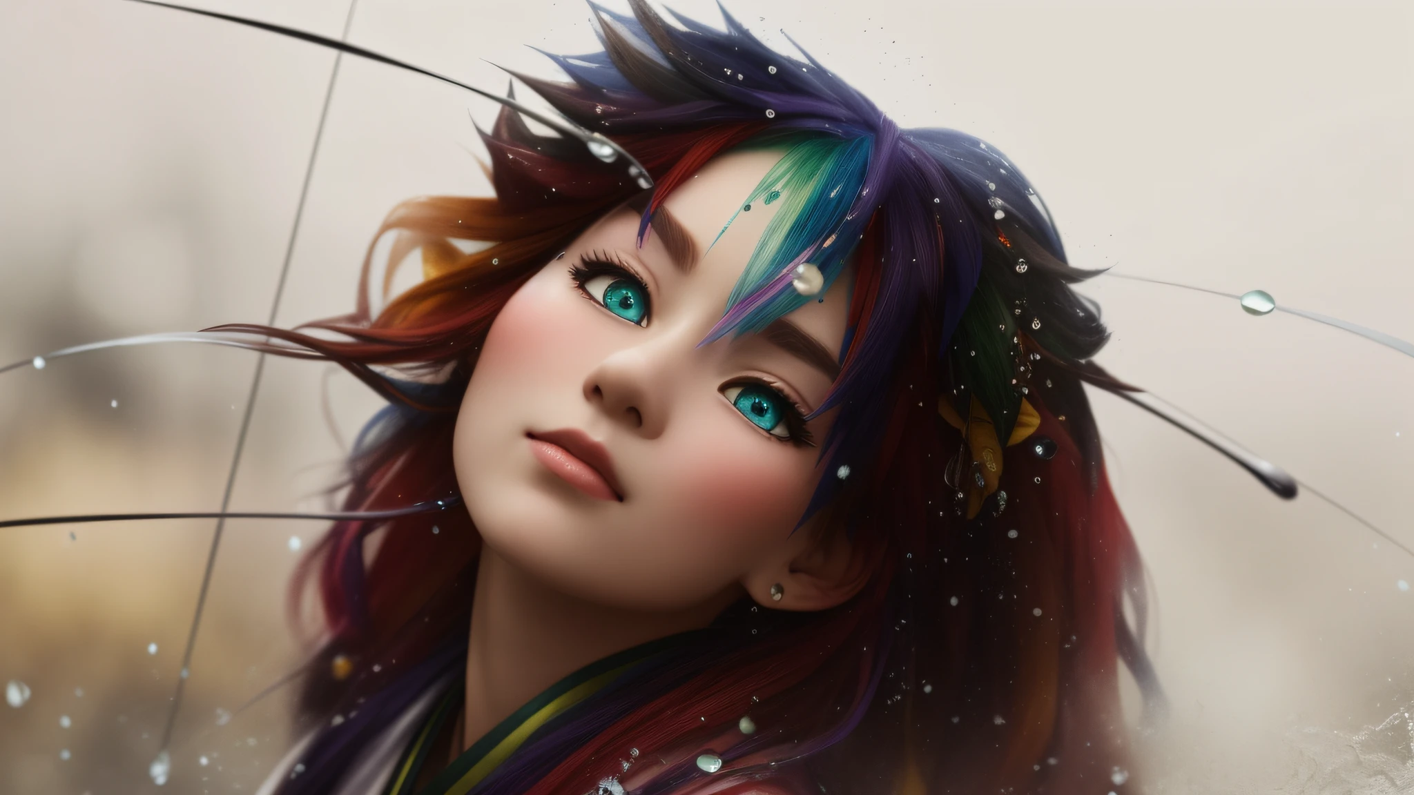 "(masterpiece), high quality, ultra-detailed details, anime style, ultra-detailed 8k CG wallpaper, dynamic pose, dynamic angle, (1 girl), blue eyes, multicolored hair + silver hair: 1.3 + red hair: 1.2 + purple hair + yellow hair: 1.3 + green hair: 1.3, white wuxia clothes, ribbon on the neck, beautiful face, many drops of water, cloud, twilight, wide shot, watercolor."