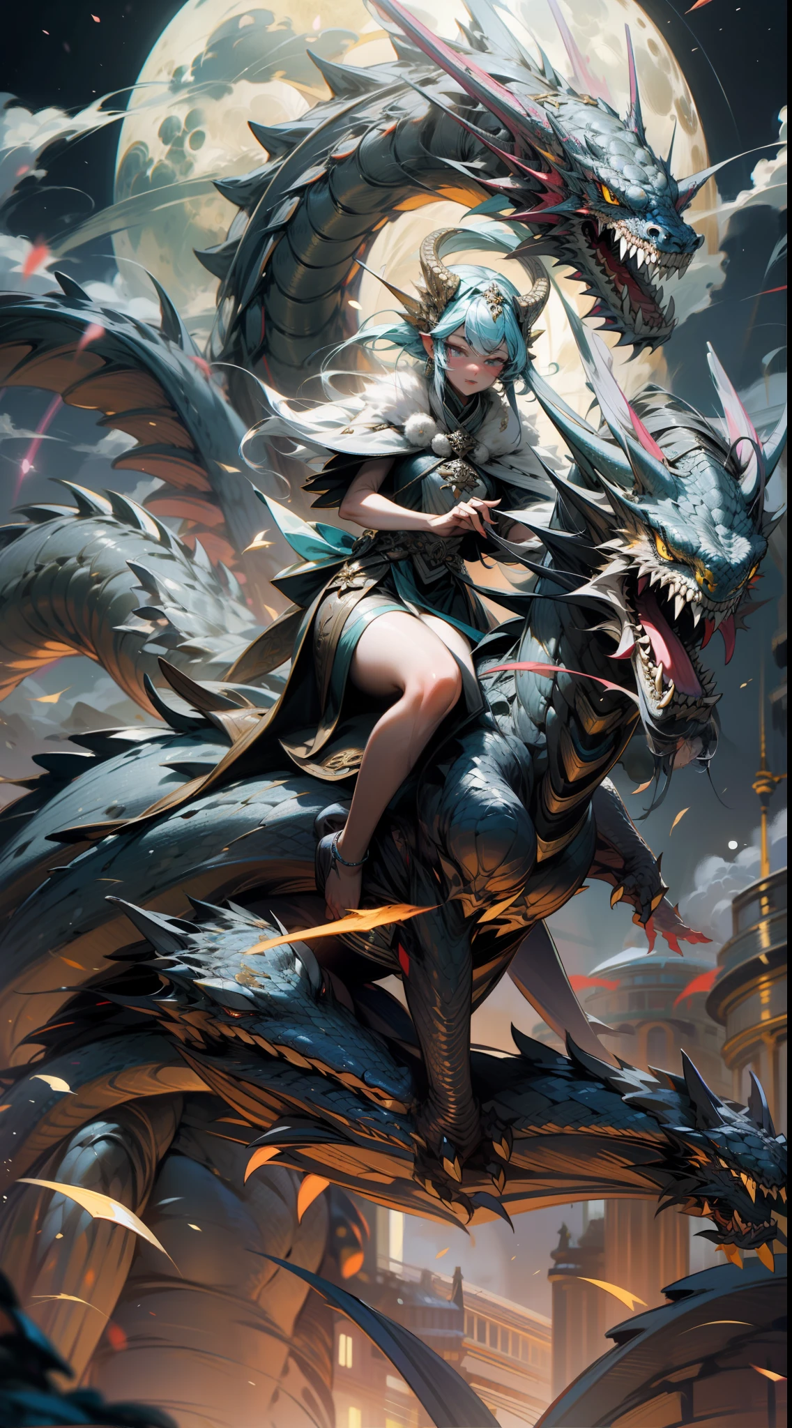 4K picture quality, masterpiece, superlative, night, full moon, a mature woman, royal sister, cold face, oriental dragon soaring in the sky, woman riding on the body of a dragon, woman can see her legs