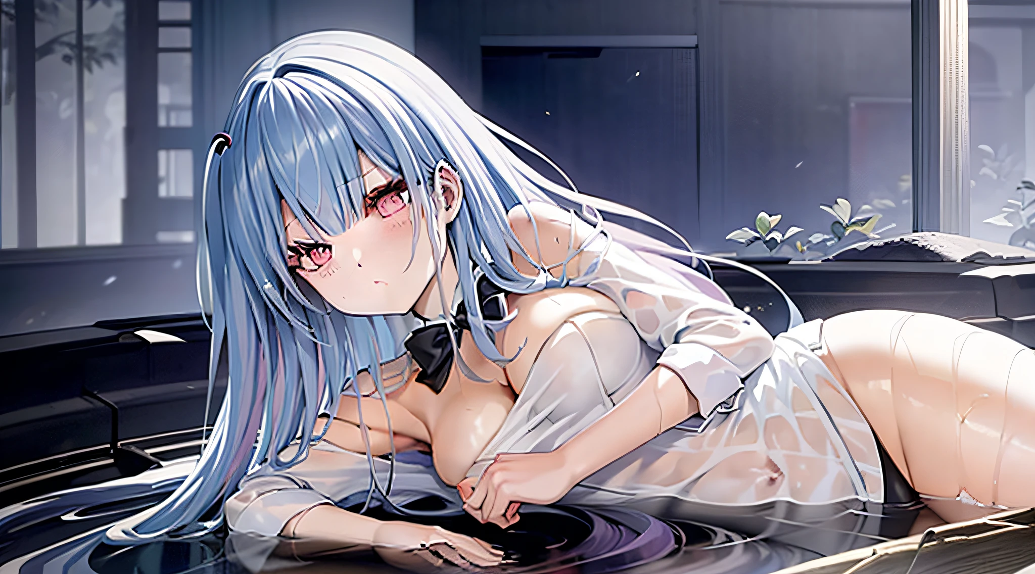Anime girl with pink hair and wet white shirt and black tie, anime moe art style, cute horns, anime style, horned, mihoyo art style,