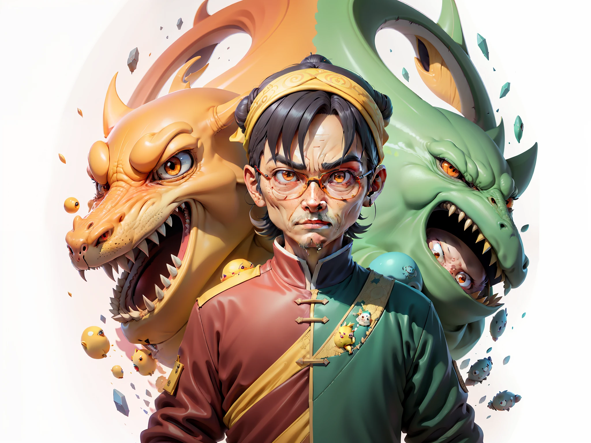 Aalfed man in headscarf and dragon shirt, Pengyin Yin J - Jiang Geping, Zeng Fanqian, Chen Xintong, Huang Huifeng, Liang Xing, Huang Guangjian, Leng Jun, Lin Xiang, Lin Qifeng, Luo Qisheng, Pan Chengwei, Wang Wei, Duan Xiang, Digital Painting, Mark Clairenden and Pixar and Hayao Miyazaki and Akira Toriyama 3D character design, the illustration is a 4K resolution HD illustration with very detailed facial features and cartoon style visuals.