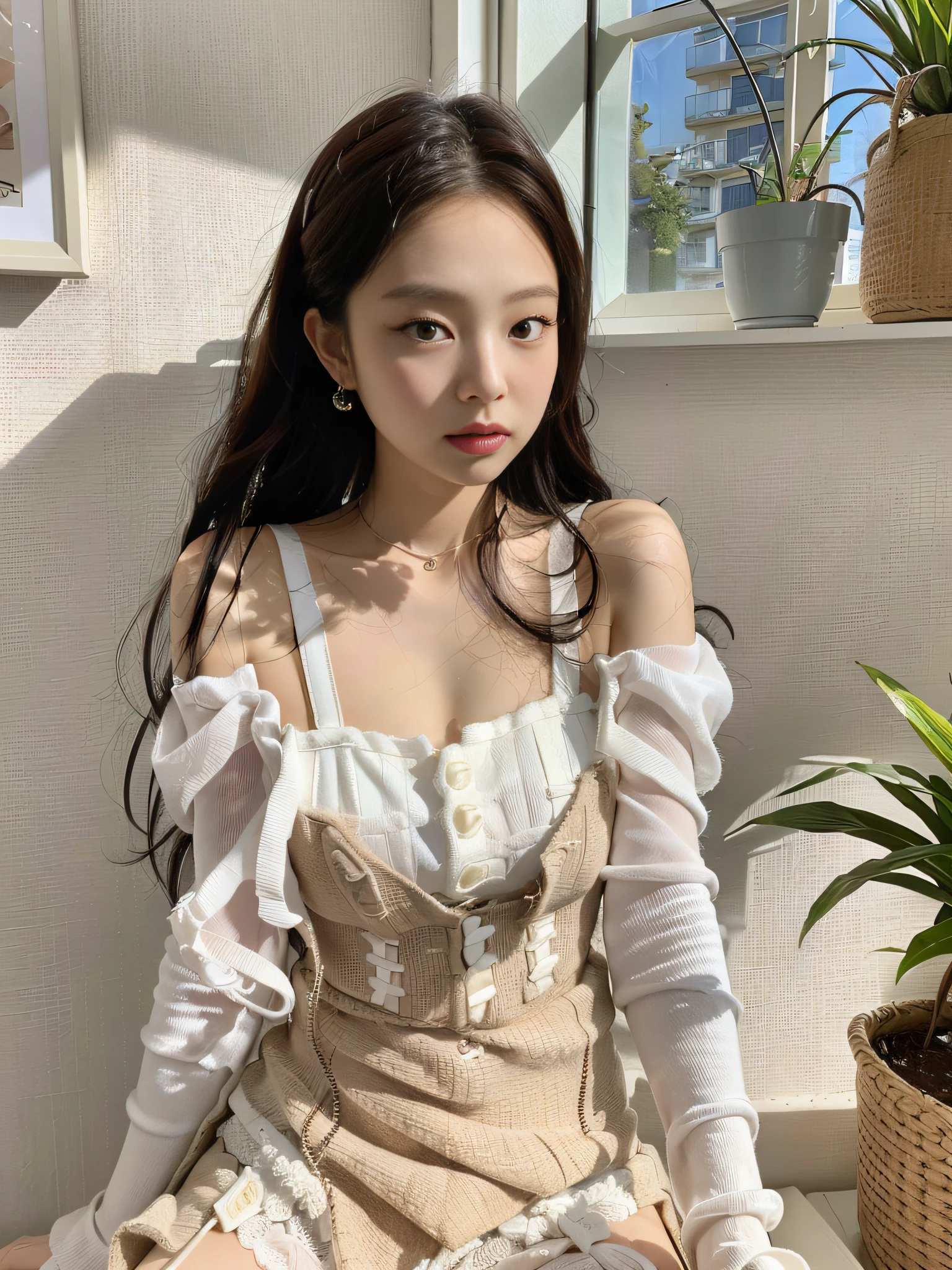 Kim Ji-ni Jennie face, wearing white suspenders, open waist, cleavage, white shorts, sexy, cute, white socks, white wall, strong contrast, sunlight on the face,