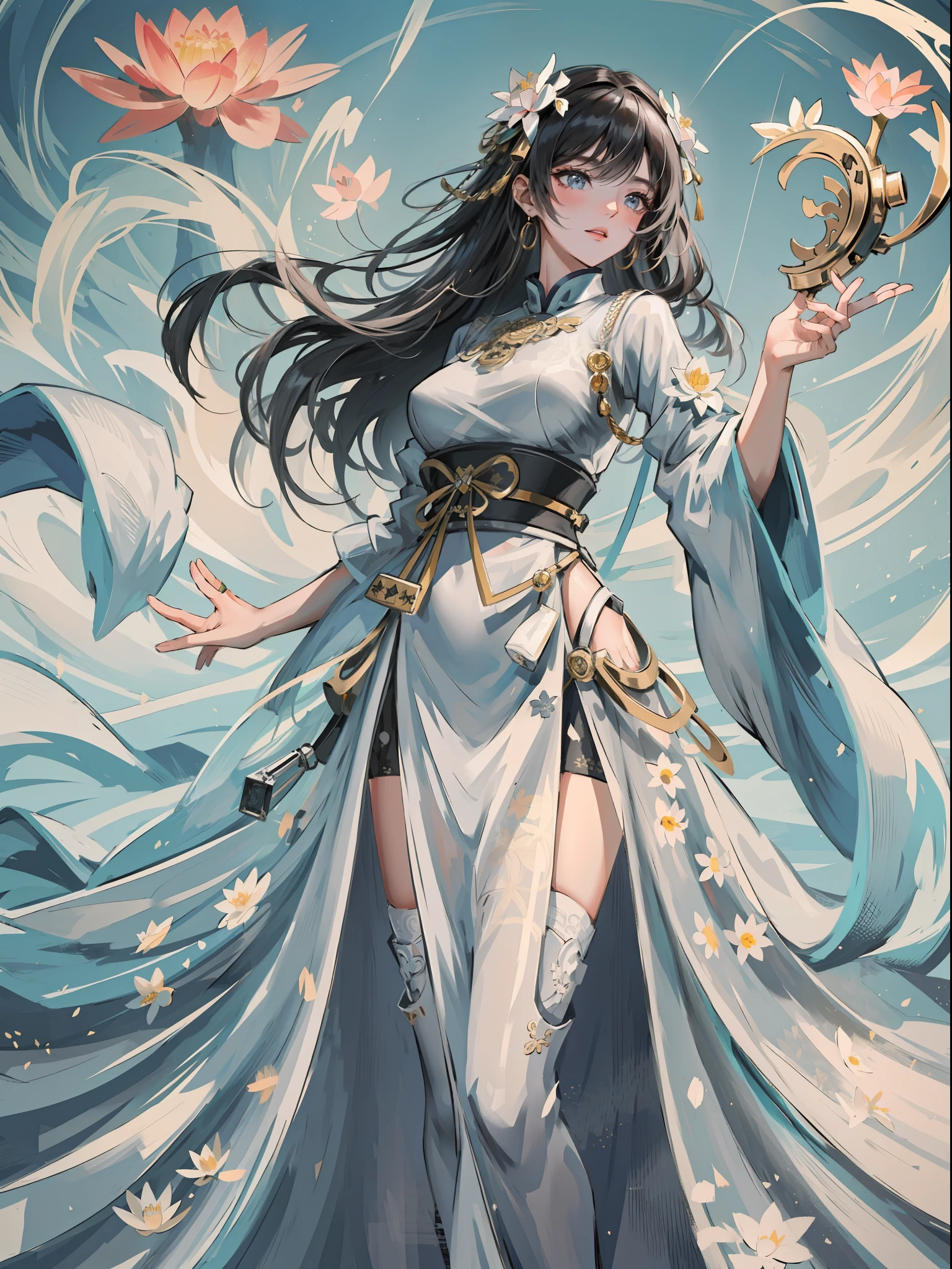 (((Masterpiece))), (((Best Quality: 1.4))), ((Super Detail: 1.4)), Wang Zhaojun in the glory of kings, 1girl, 28 years old, holding a staff in his hand, wearing ancient Chinese clothing, flowing tulle, light silk, frost nova, large lotus leaves, lotus flowers, clean colors, decisive cutting, white space, freehand, masterpiece, super detailed, epic composition, ultra HD, 8k, slim figure, Long legs, seen from bottom to top, long leg proportional composition