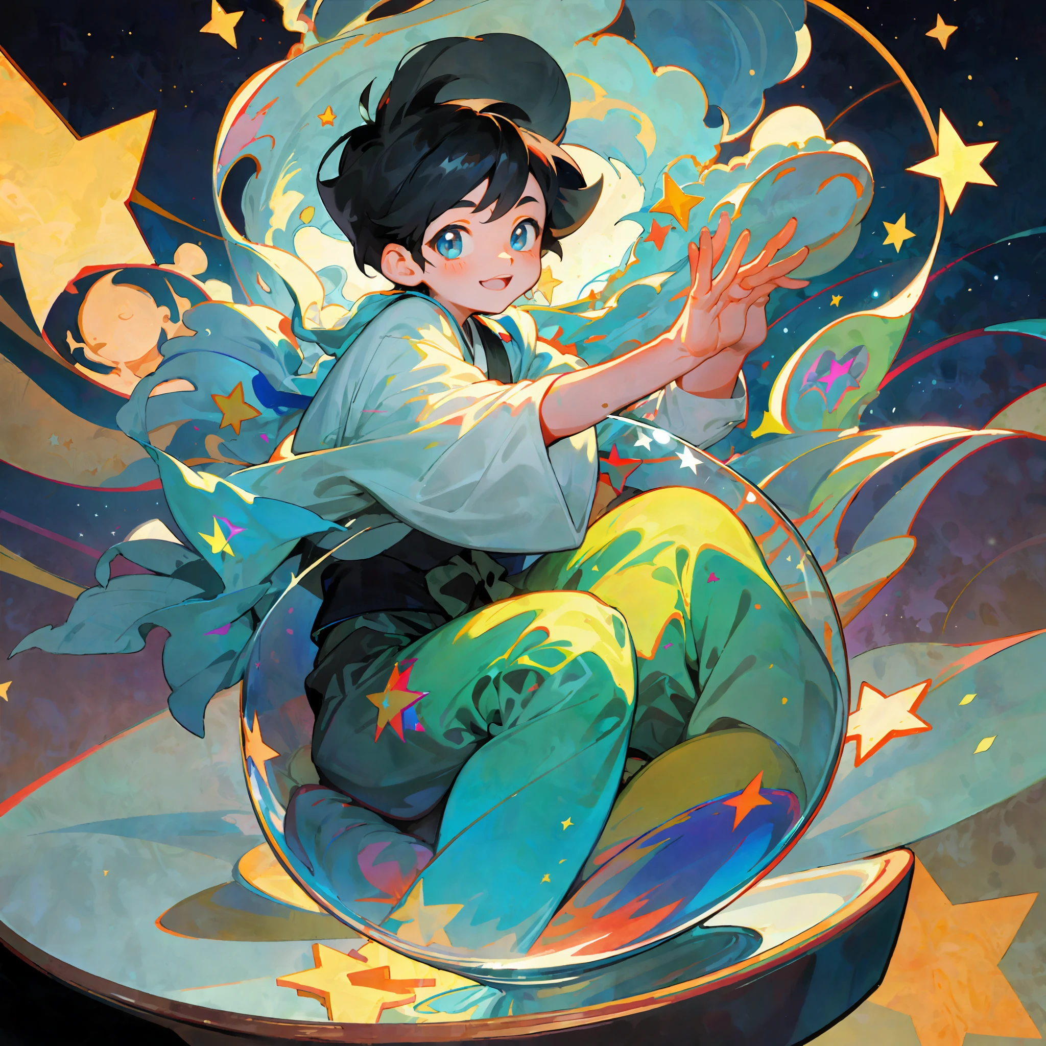 Asian face, a sitting inside a glass, black hair, happy, fantastical, sunny, shaded, colorful, stars