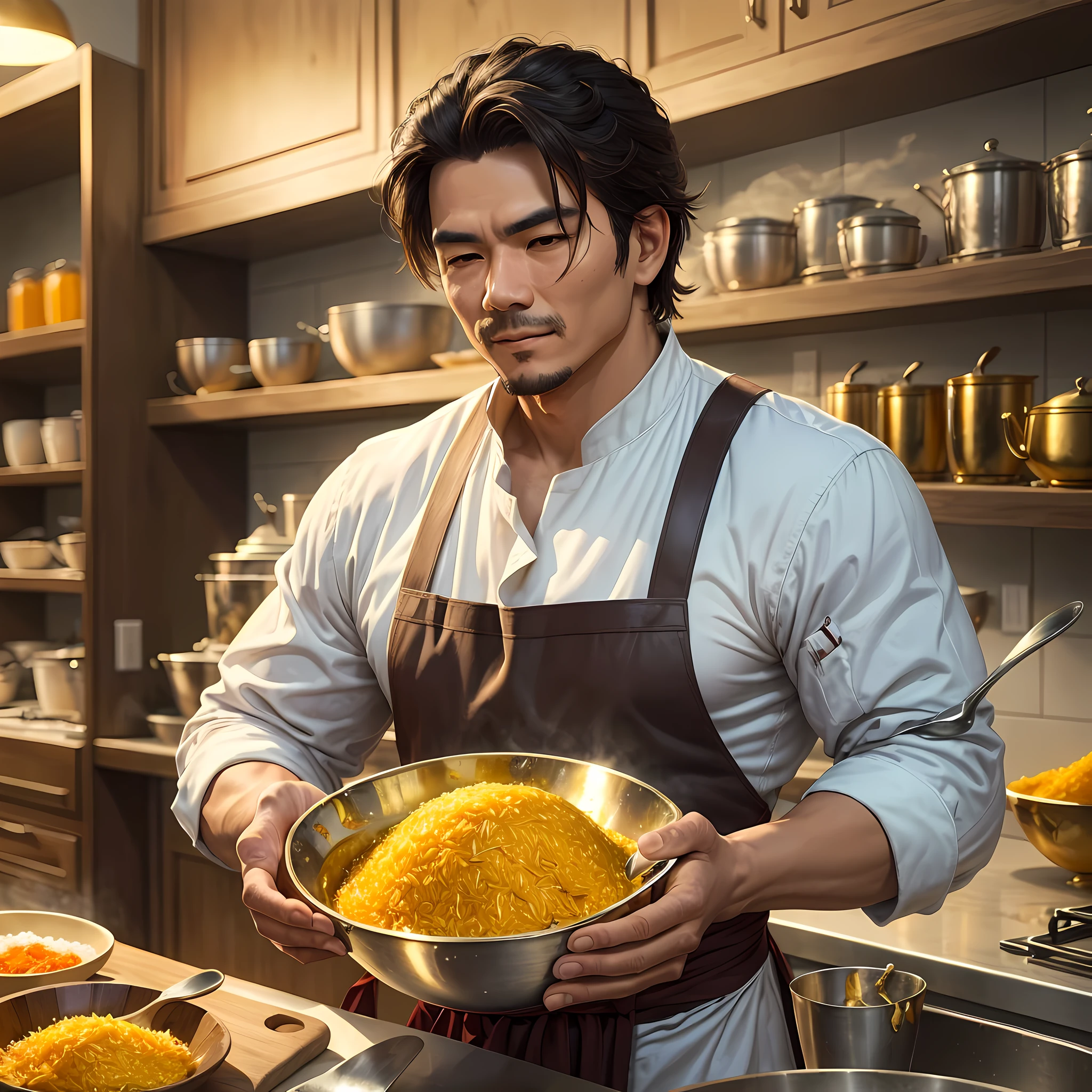 A chef holds a bowl of golden rice in his left hand and a spoon in his right --auto --s2