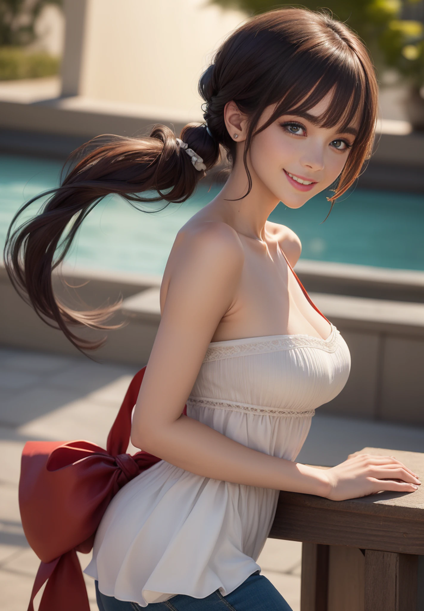 high quality, best quality, masterpiece, extremely fine and beautiful and detailed, appropriate lighting, straight hair, single braid, smile, [blushed cheeks, garden, slim body, 1 girl] sky, ( photo-realistic:1.37), (best quality:1.4), (ultra high res:1.2), (sharp focus:1.3), (cute:1.1), (cowboy shot:1.38), (gigantic breasts:1.1), (happy smile:1.25), (twintails:1.2), narrow waist, BREAK scenery,(Beautiful midday pool background:1.0), (dynamic angle shot:1.31), bangs, beautiful detailed round eyes in highlights, 1girl, ((best quality)), ((masterpiece)), ((real)), dim light, Spooky night, Cathedral, orange light, (Best quality), (Real: 1.3), (Soft saturation: 1.5), (Detail background), BREAK(One Beautiful Young Woman), Looking straight at you with serious eyes when viewed from the front, Blake brown hair, Blue-black hair, Wavy hair, Low ponytail hair, bangs bangs in the middle, Beach, Resort beach, Open terrace, (Best quality, Masterpiece: 1.2), (Beautiful Skin: 1.2), (Ultra Detail Background), Rest, When viewed from the front, the composition is symmetrical. Looking straight at you with serious eyes, dark blue eyes, back hair tied with ribbons, red hair, shiny hair, camisole pants gloves high heel boots, rustic, green, complex in daytime classroom windows, (((Masterpiece)), Ultra high definition), (from top:1.5)), angelic, light smile, detailed chest, sharp eyes, detailed natural skin texture, detailed hands, (amazing hairstyle)), Elegant standing pose, volume lighting, sharp focus, super detailed skin, cute, perfect face, shiny skin, short hair, earrings, dress, night scene, face close-up (from side:1.3)