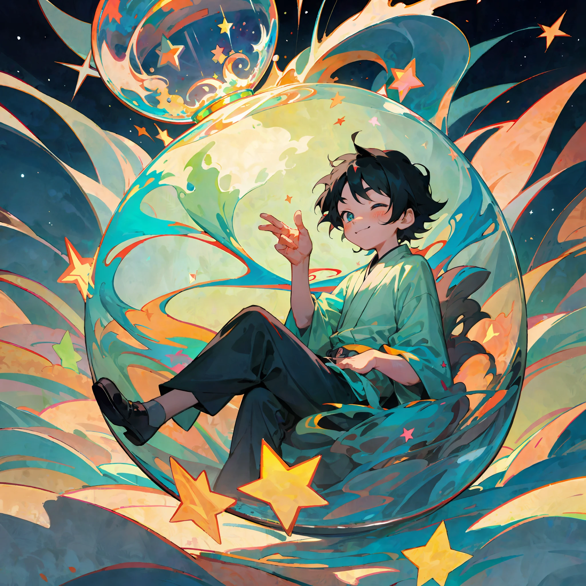 Asian face, a little boy sitting inside a glass, black hair, happy, fantastical, sunny, shaded, colorful, stars