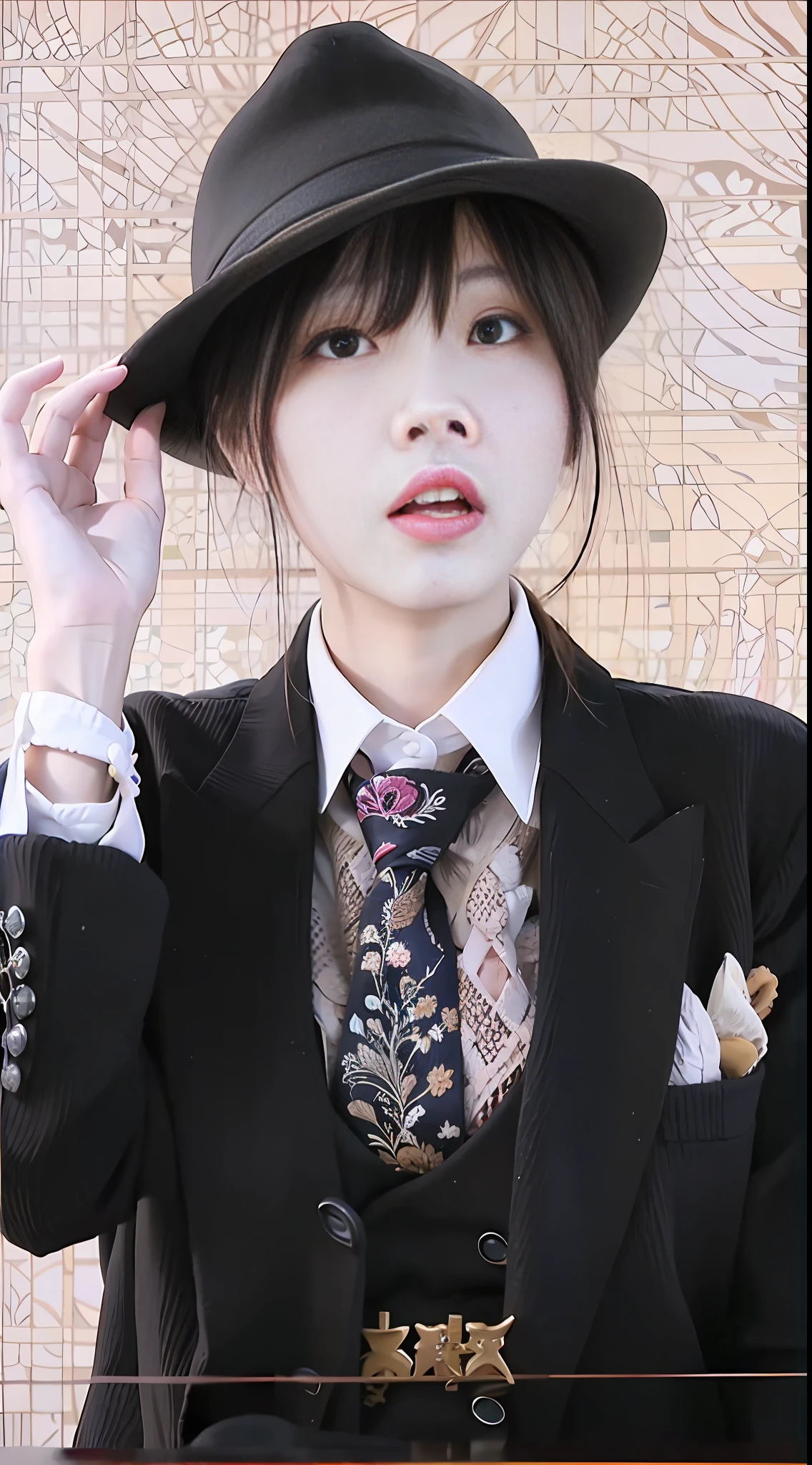 The image of Arafod of a woman in a suit and hat, inspired by Yukihiko Yasuda, inspired by Tang Xianyun Sundara, Girl in a Suit, Kim Tae-yeon