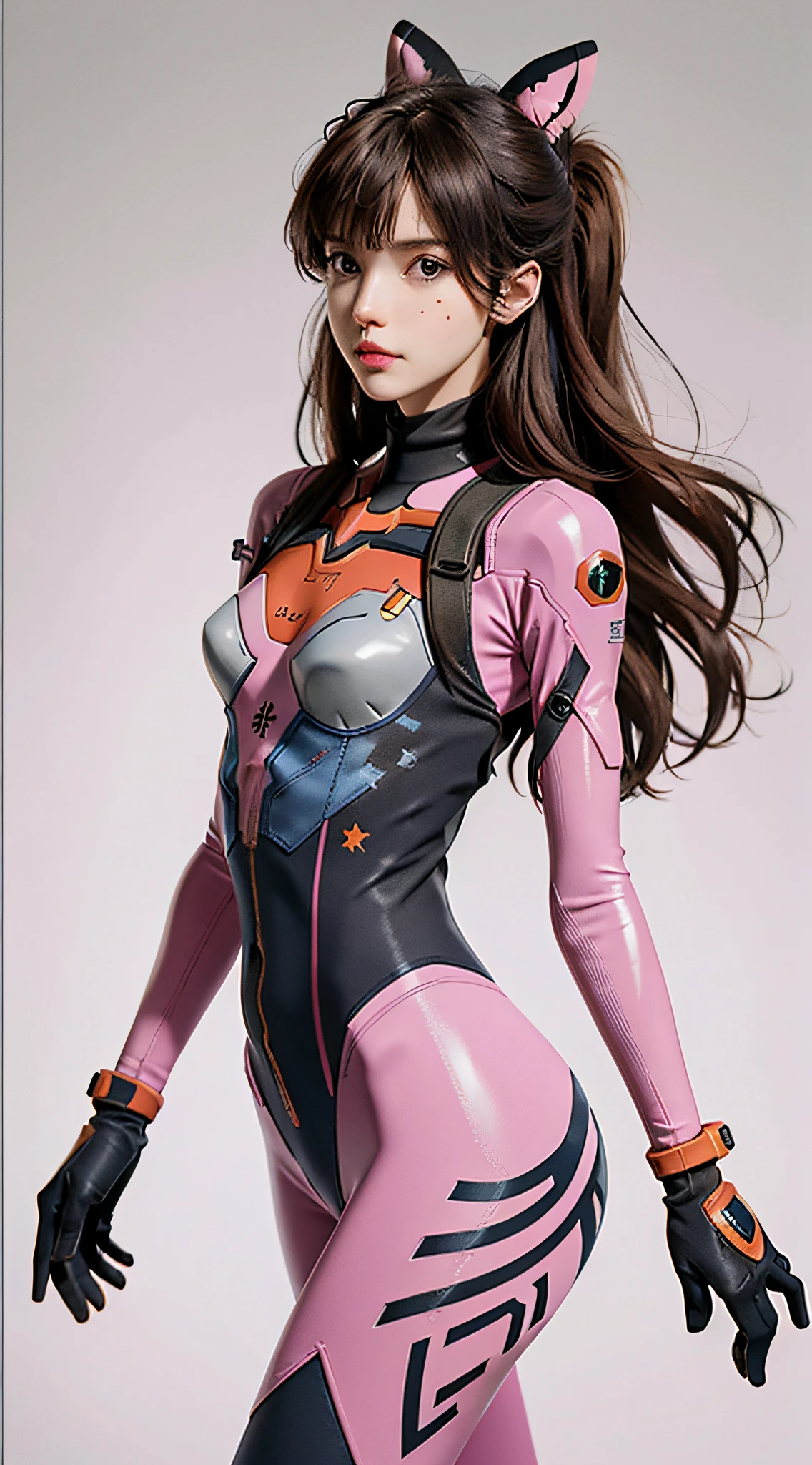 ((Reality))) photo, masterpiece, highest quality, 1 girl, slim waist, straight breasts, extremely delicate beautiful girl, dynamic pose, (to8 contrast style), d.va (overwatch), solo, long hair, beard markings, tights, brown hair, face markings, gloves, big breasts, brown eyes, pilot suit, denim lens, headphones, white gloves, buttocks, sweeping bangs, skinny, animal print, bangs, bunny print, ribbed bodysuit, varnish, pink lips, ( Gray background: 1.2), simple background, (kbxll:0.6)