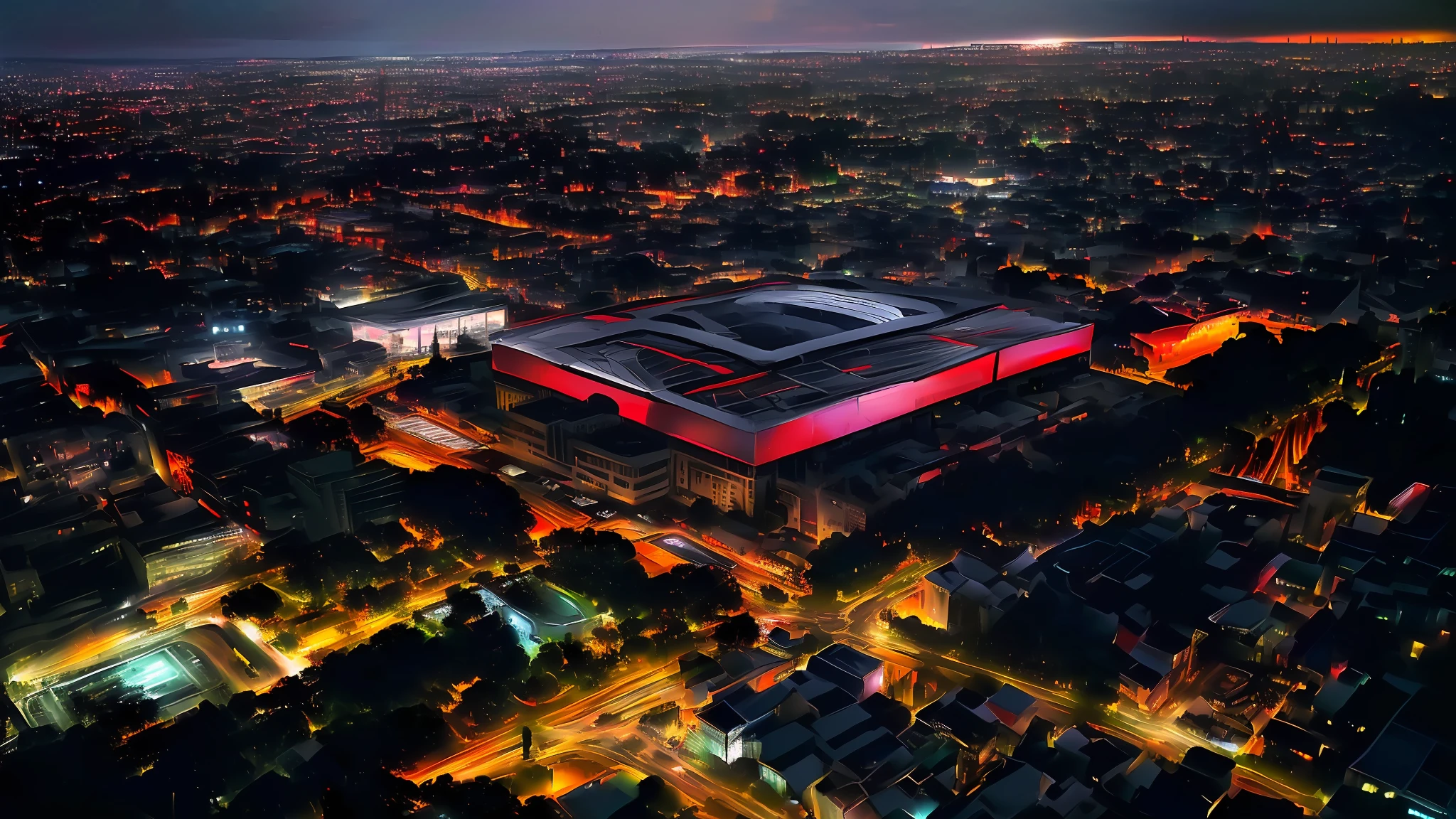 Ararfed view of a city at night with a red building, futuristic São Paulo, giant red LED screens, São Paulo in the year 2 0 7 0, Mexico City, stadium, in São Paulo, stadium, Nigth, São Paulo, photo of 2022, by Alejandro Obregón, São Paulo, rays falling from the sky