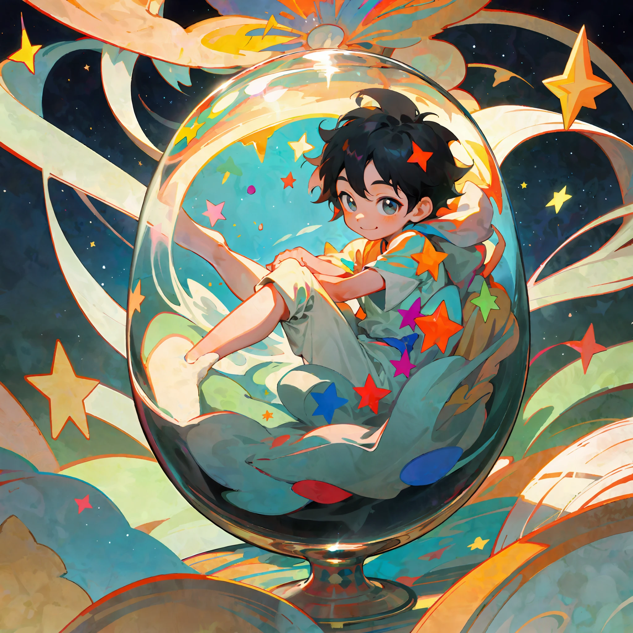 Asian face, a ********** sitting inside a glass, black hair, happy, fantastical, sunny, shaded, colorful, stars