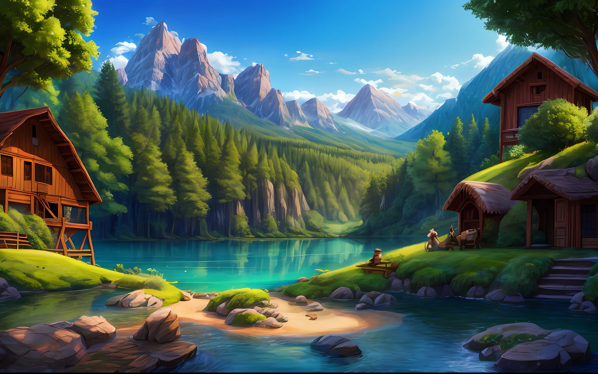 Fairy tales, Stage play background plate, Mountain river, 3 wolves, 7 lambs, Background screen of stage play, Ghibli-like colours, Pixar, blind box toy style, stereogram, Sony FE, Sony FE GM, close-up, cowboy shot, blurry foreground, best quality, super detail, 8k, highres, UHD, ccurate, masterpiece, high details, award winning