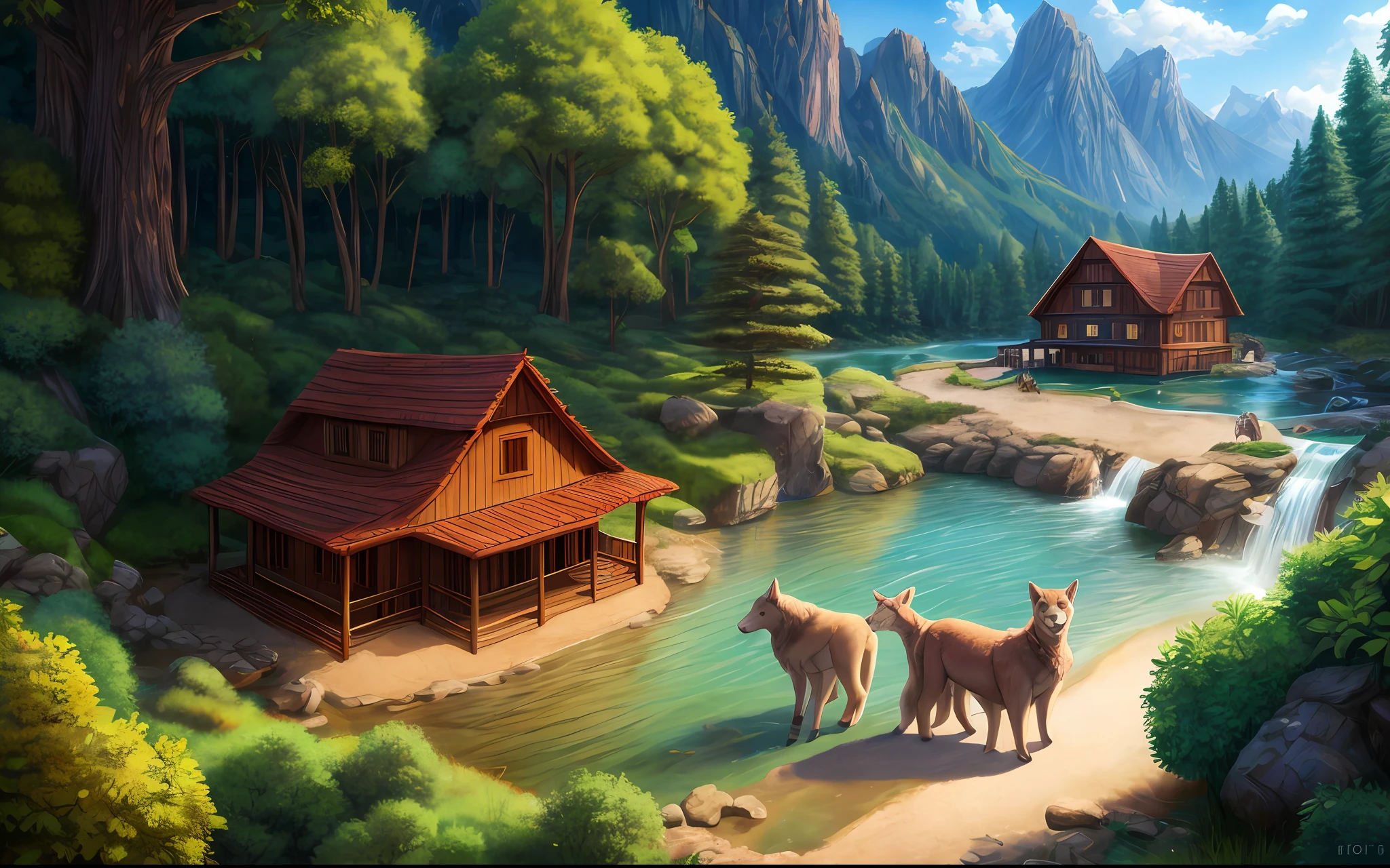 Fairy tales, Stage play background plate, Mountain river, 3 wolves, 7 lambs, Background screen of stage play, Ghibli-like colours, Pixar, blind box toy style, stereogram, Sony FE, Sony FE GM, close-up, cowboy shot, blurry foreground, best quality, super detail, 8k, highres, UHD, ccurate, masterpiece, high details, award winning