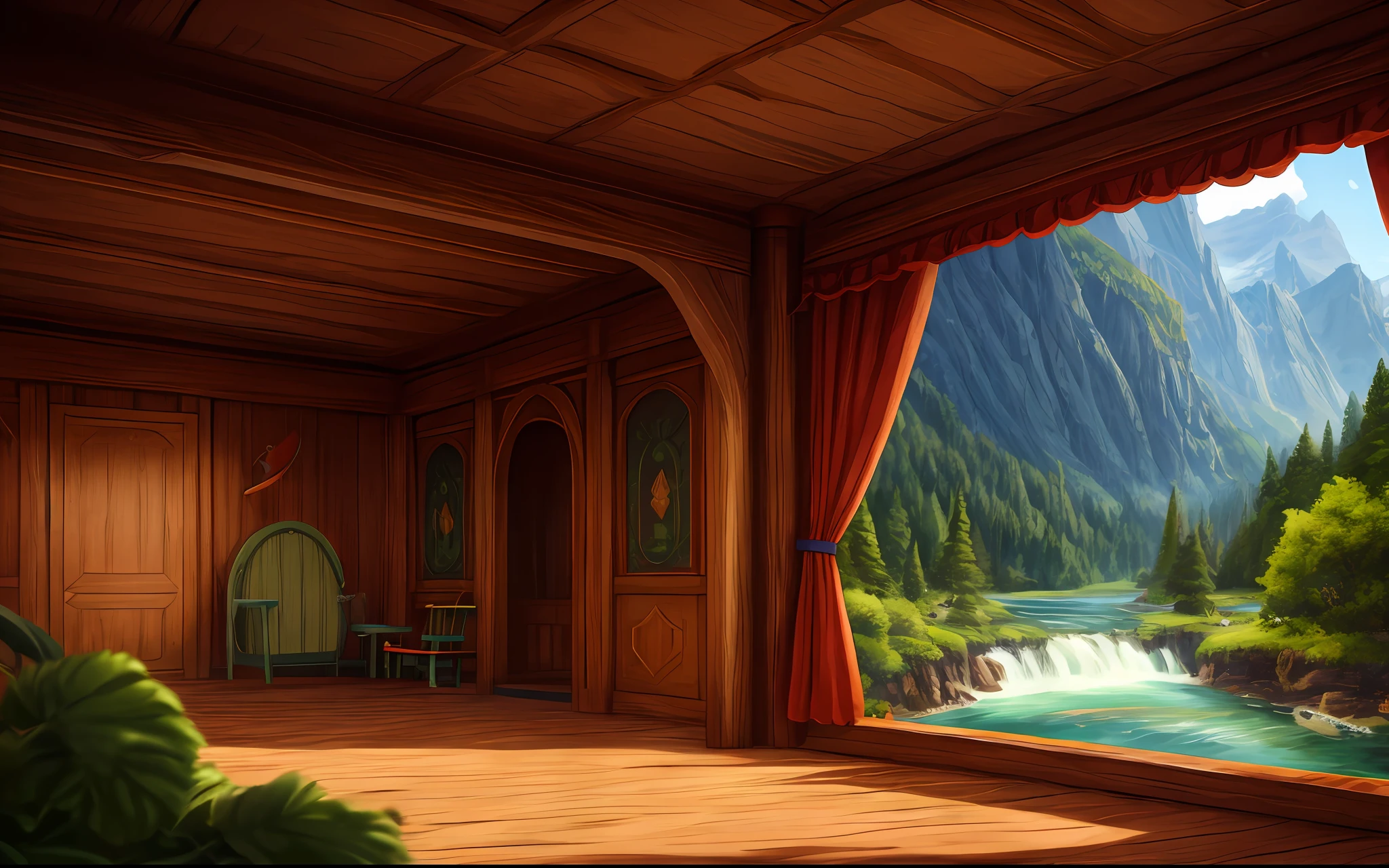 Fairy tales, Stage play background plate, Mountain river, 3 wolves, 7 lambs, Background screen of stage play, Ghibli-like colours, Pixar, blind box toy style, stereogram, Sony FE, Sony FE GM, close-up, cowboy shot, blurry foreground, best quality, super detail, 8k, highres, UHD, ccurate, masterpiece, high details, award winning