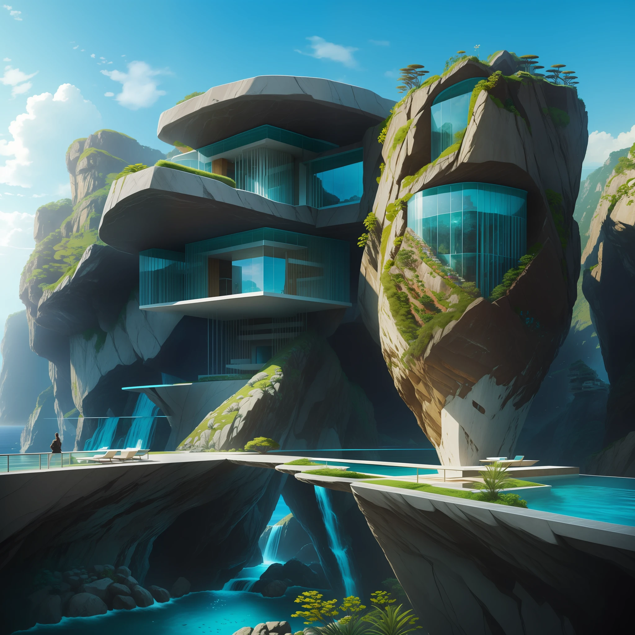 a modern futuristic design large cliff House's with a artificial waterfall and a pool in the middle, nature meets architecture, built around blue ocean, realistic beehive architecture, organic architecture, very close to real nature, breathtaking render, island with cave, stunning architecture, luxury architecture, realistic fantasy render, by Zha Shibiao, epic and stunning, architectural visualization, epic architecture, concept art. 8 k