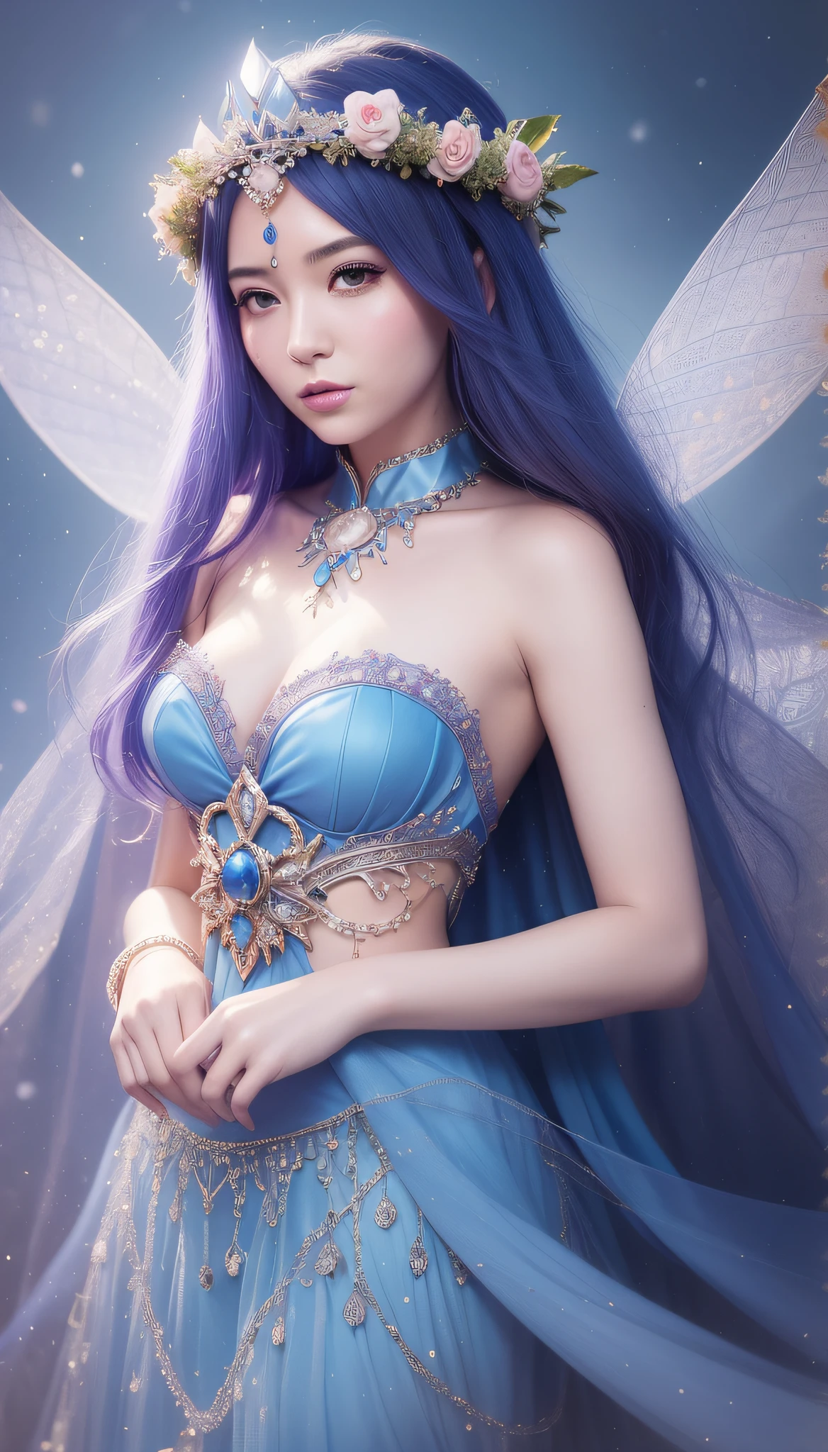 arafed woman in a blue dress with a flower crown, ethereal fantasy, ethereal beauty, ((a beautiful fantasy empress)), a beautiful fantasy empress, fantasy art style, fantasy beautiful, beautiful fantasy art, beautiful fantasy maiden, beautiful goddess, fantasy woman, digital fantasy art ), fantasy photoshoot, beautiful celestial mage, astral fairy, celestial goddess, beautiful sorceress