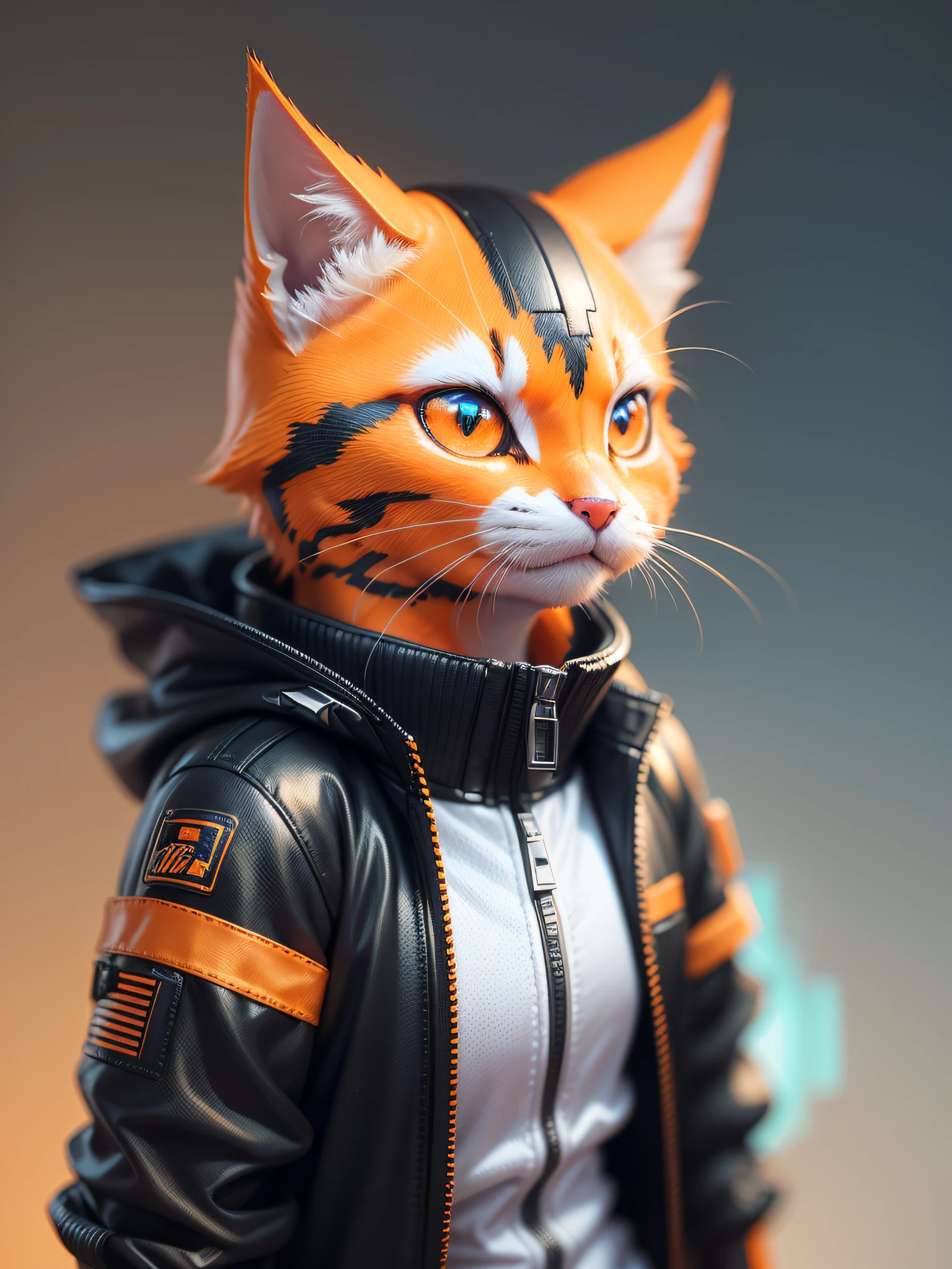 (isometric view:1.2) of a MINI cute hyperrealistic futuristic soldier cat, cinematically dressed in a cyberpunk jacket .(orange skin:1.3), (hyper detailed:1.1) , meticulously outlined against a (white GRADIENT background:1.2) , (highly detailed:1.1), zoomed out shot.