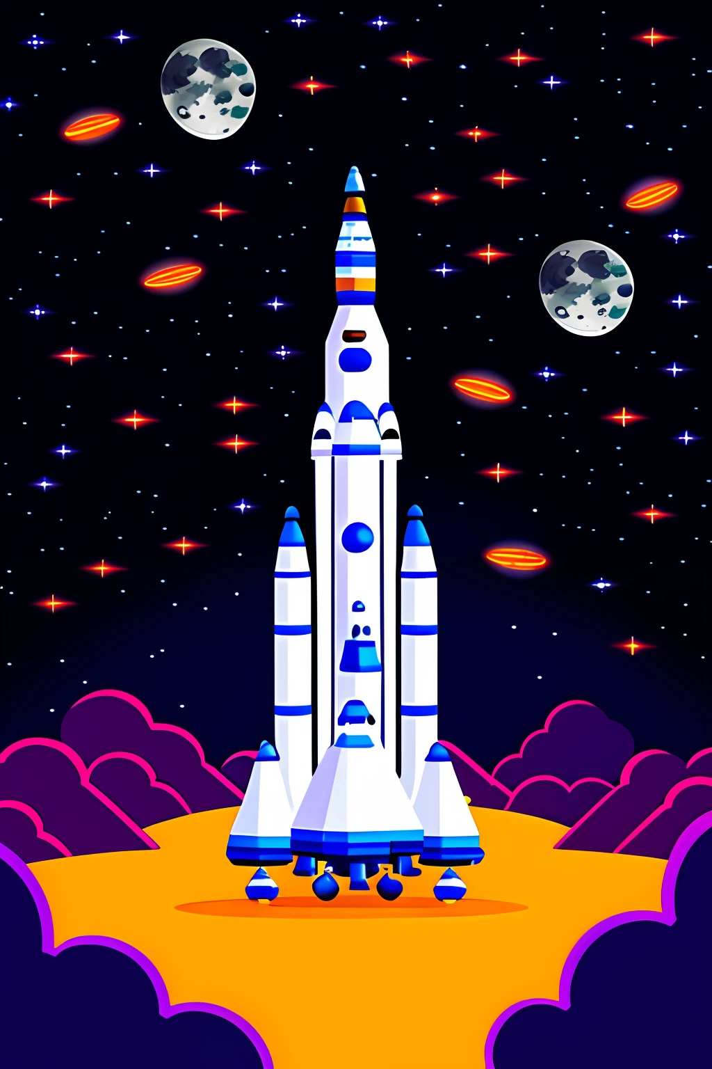 Draw a space rocket traveling to the moon, drawing style