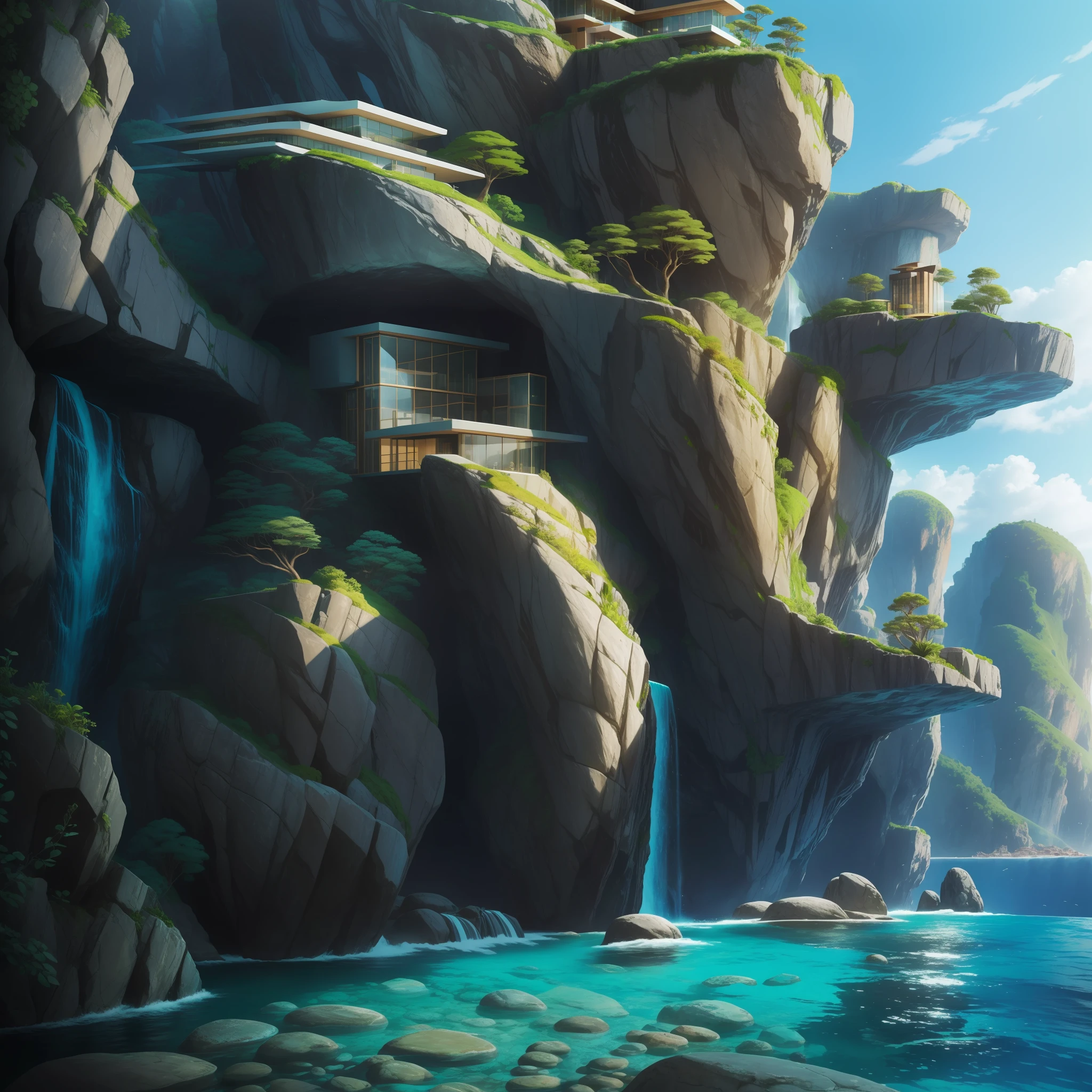 a modern futuristic design large cliff House's with a artificial waterfall and a pool in the middle, nature meets architecture, built around blue ocean, realistic beehive architecture, organic architecture, very close to real nature, breathtaking render, island with cave, stunning architecture, luxury architecture, realistic fantasy render, by Zha Shibiao, epic and stunning, architectural visualization, epic architecture, concept art. 8 k