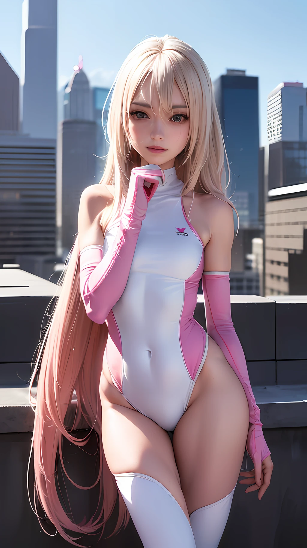 (solo), (a detailed full body RAW photo of a girl), (masterpiece:1.0), (best quality:1.4), (ultra highres:1.2), (photorealistic:1.4), 8k resolution, Canon EOS R5, 50mm, absurdres, ultra detailed, (18yo), sharp focus, cinematic lighting, detailed beautiful face, (heavy makeup), (ulzzang-6500-v1.1), petite figure, detailed skin texture, pale skin, flat chest, (pale, (skinny and fit body:1.3), thigh gap, detailed long blond hair, messy hair, (Avril Lavigne:0.7), smiling, (futuristic fashion, streetwear, high-tech fabrics, racing suit, fireproof material, elbow and knee pads, racing gloves:1.1), contrapposto, (Kpop idol), (azur lane\), cityscape, outdoors, ((white+pink theme)),